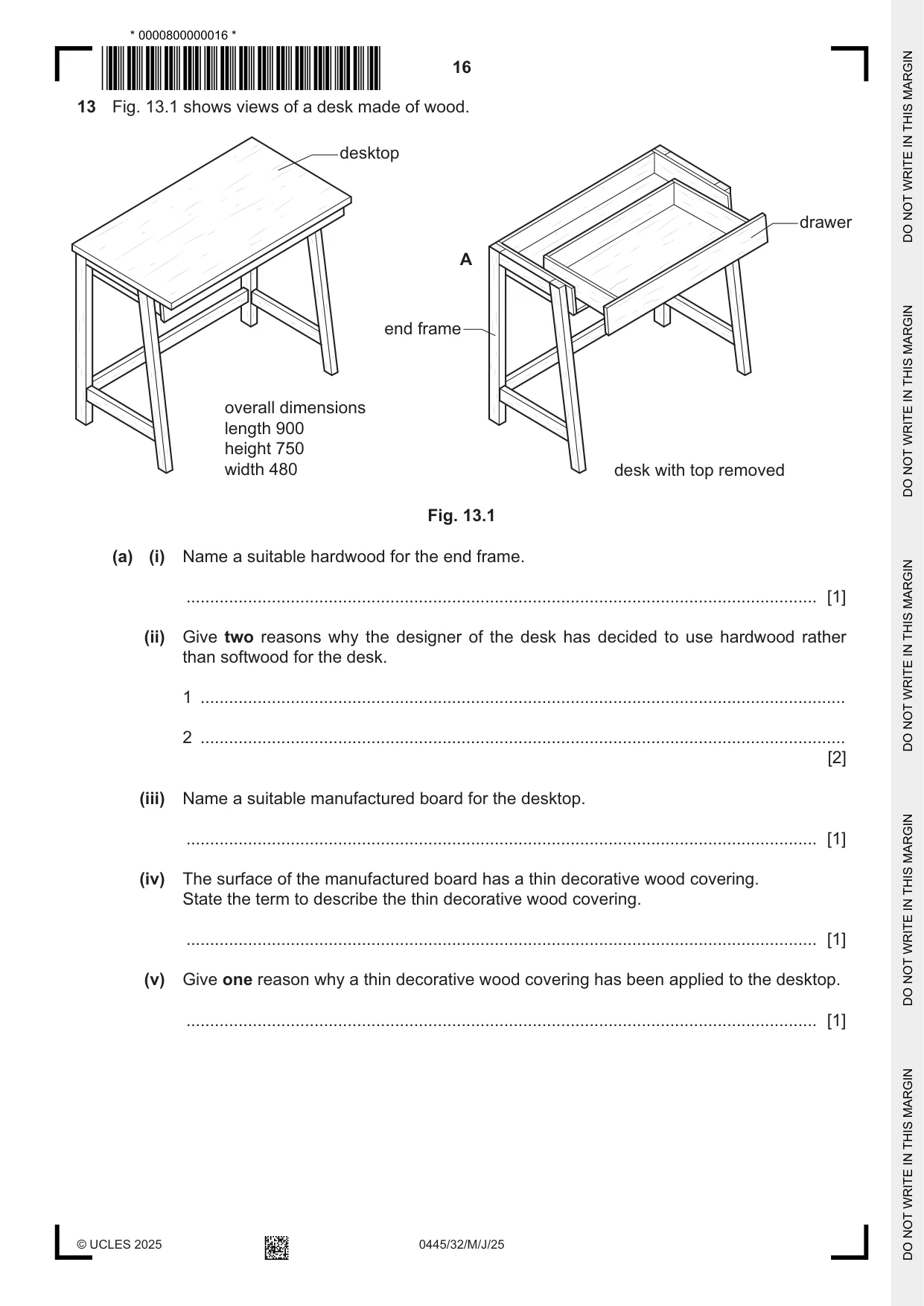 Cambridge IGCSE Design and Technology 0445 2025 May/June Paper 3 · Variant 2 question paper, page 16 of 20