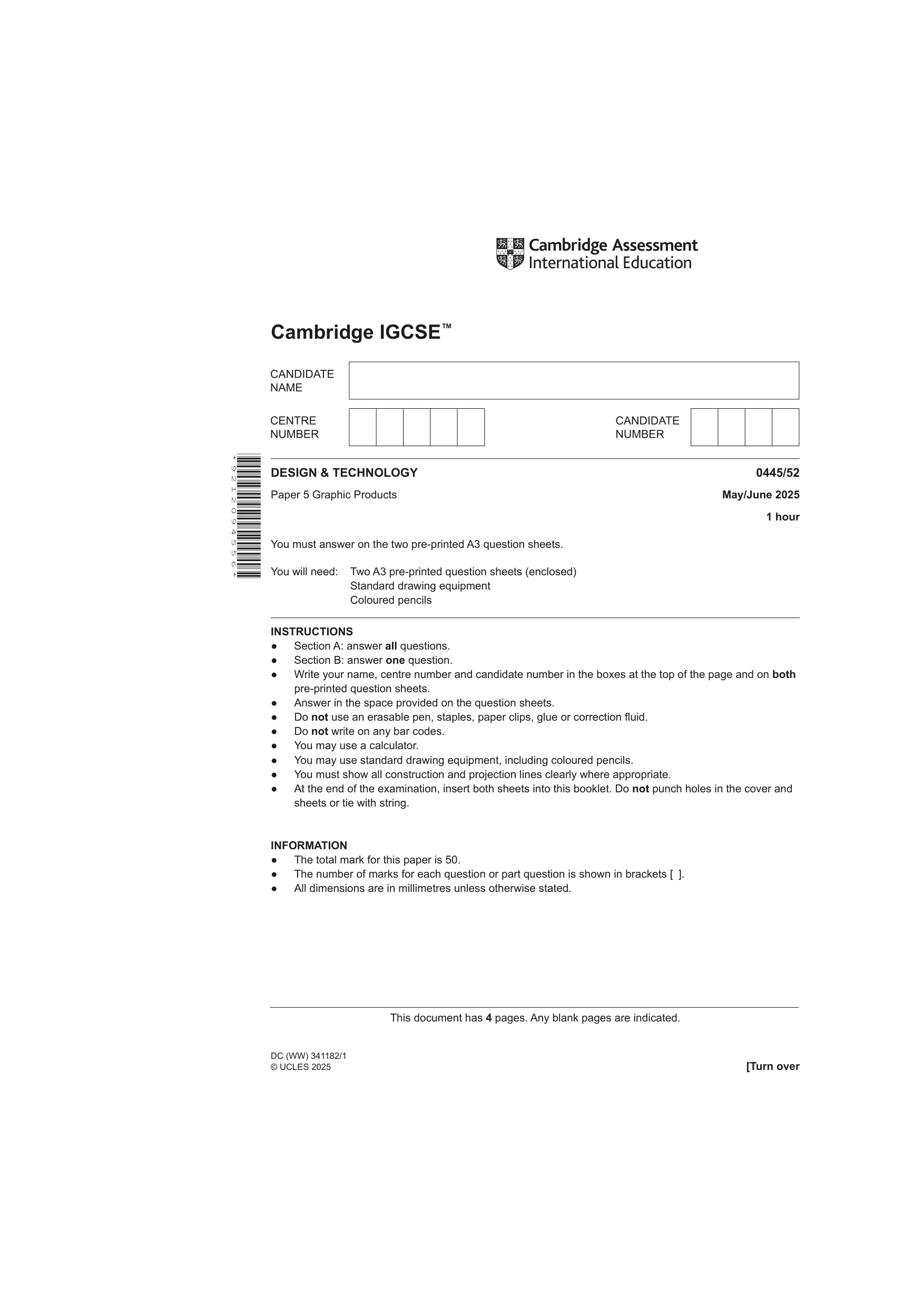 Cambridge IGCSE Design and Technology 0445 2025 May/June Paper 5 · Variant 2 question paper, page 1 of 4