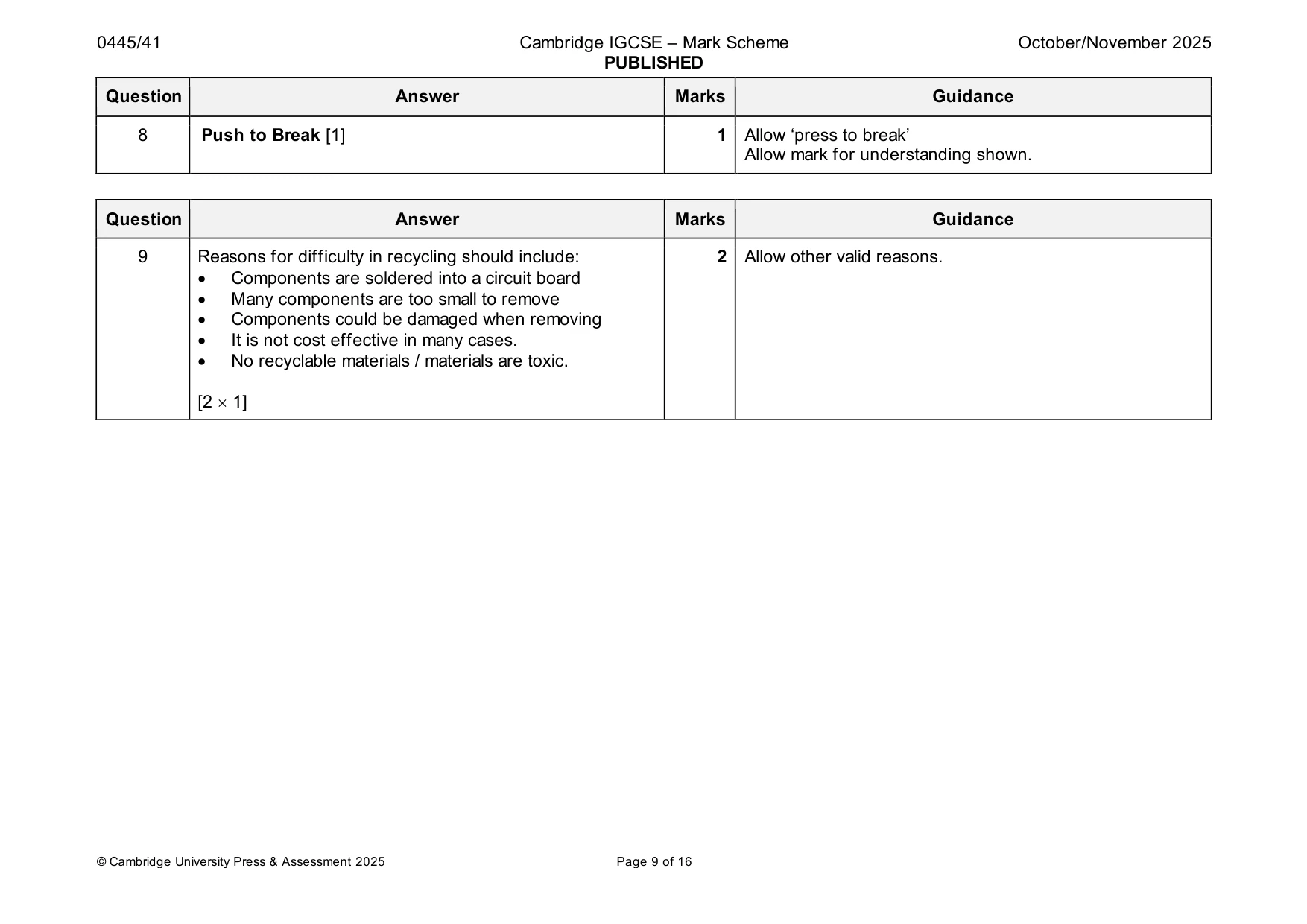 Mark scheme, page 9 of 16