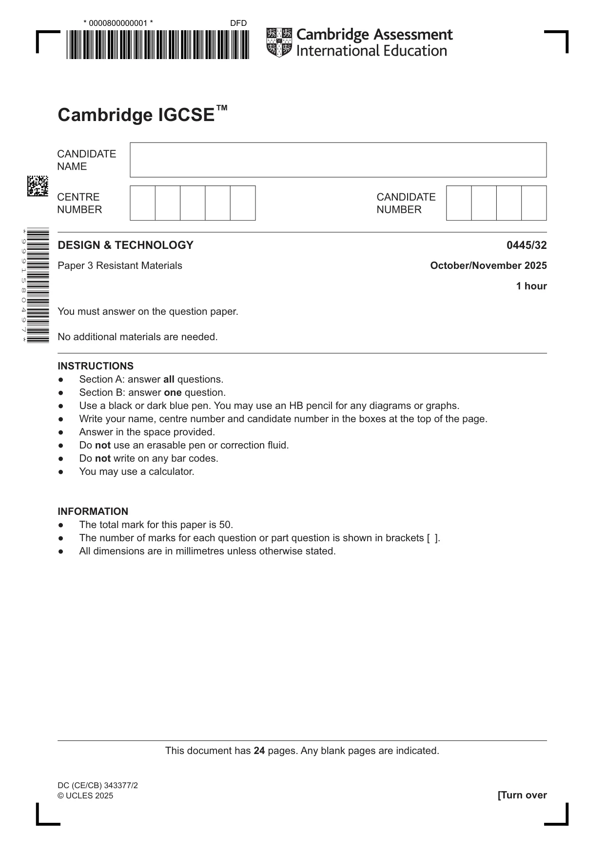 Cambridge IGCSE Design and Technology 0445 2025 Oct/Nov Paper 3 · Variant 2 question paper, page 1 of 24