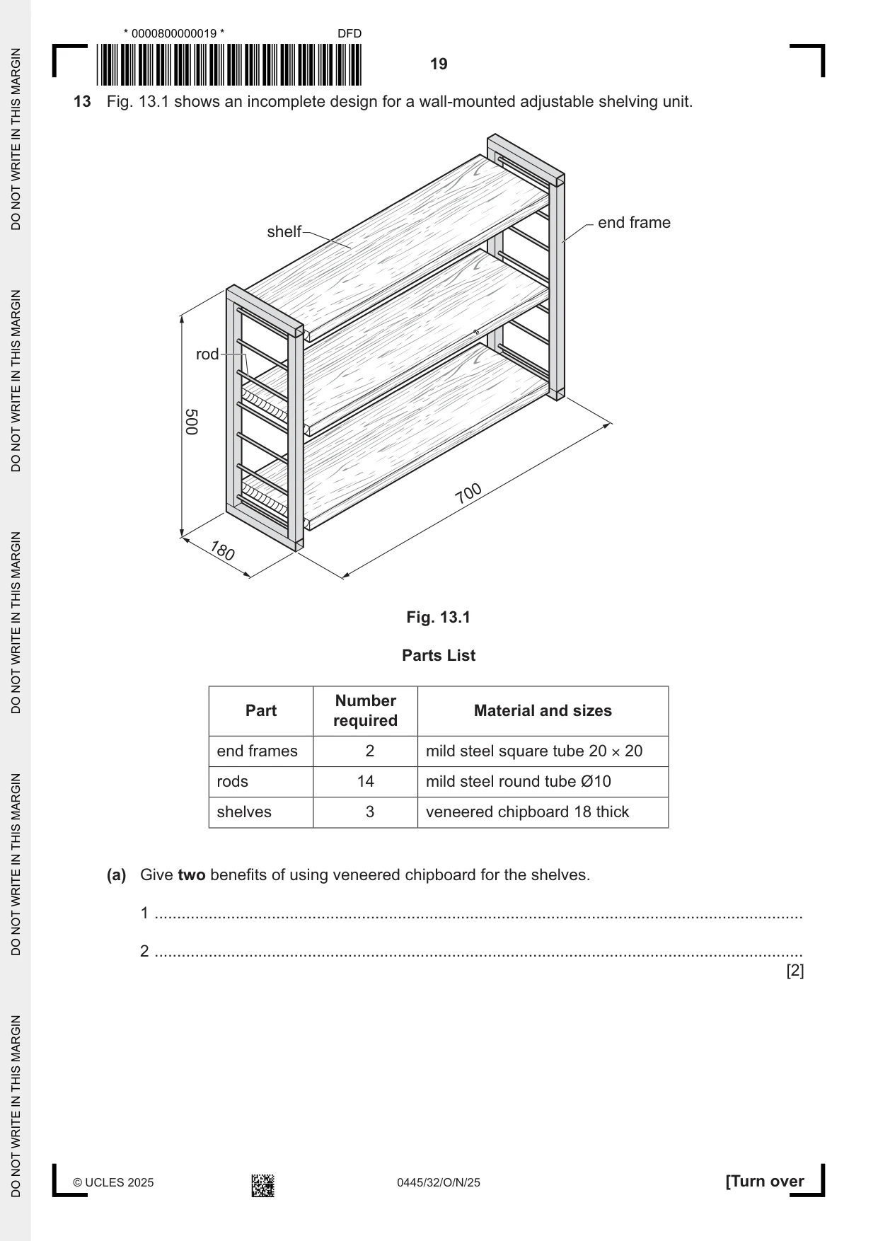 Cambridge IGCSE Design and Technology 0445 2025 Oct/Nov Paper 3 · Variant 2 question paper, page 19 of 24