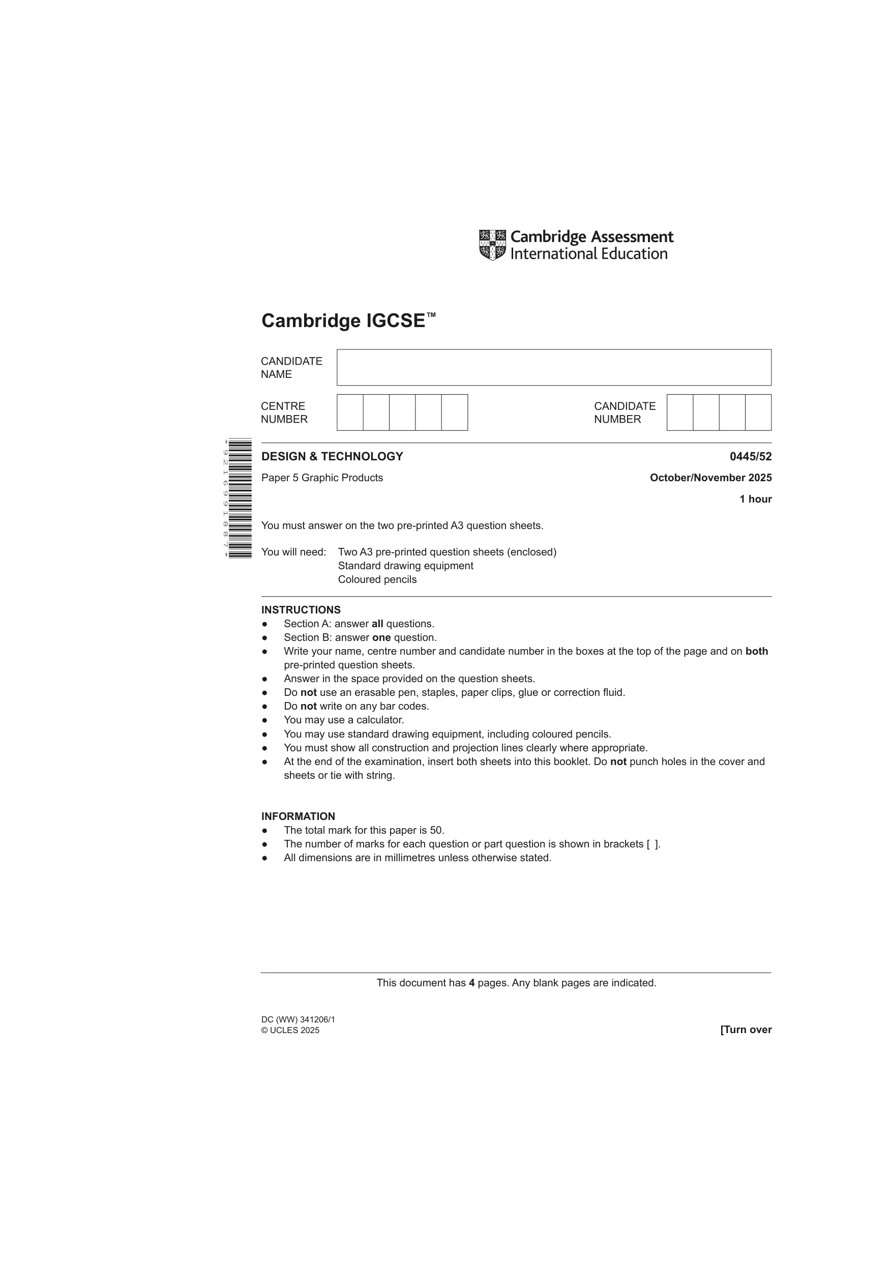Cambridge IGCSE Design and Technology 0445 2025 Oct/Nov Paper 5 · Variant 2 question paper, page 1 of 4