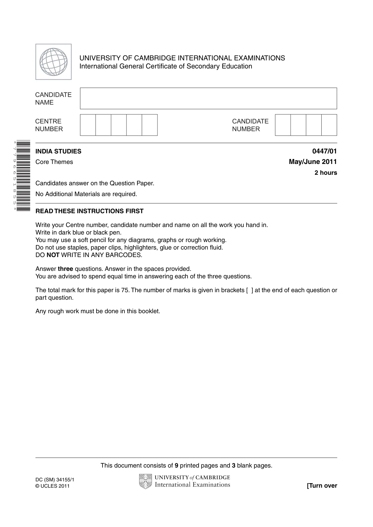 Cambridge IGCSE India Studies 0447 2011 May/June Paper 1 · Variant 1 question paper, page 1 of 12