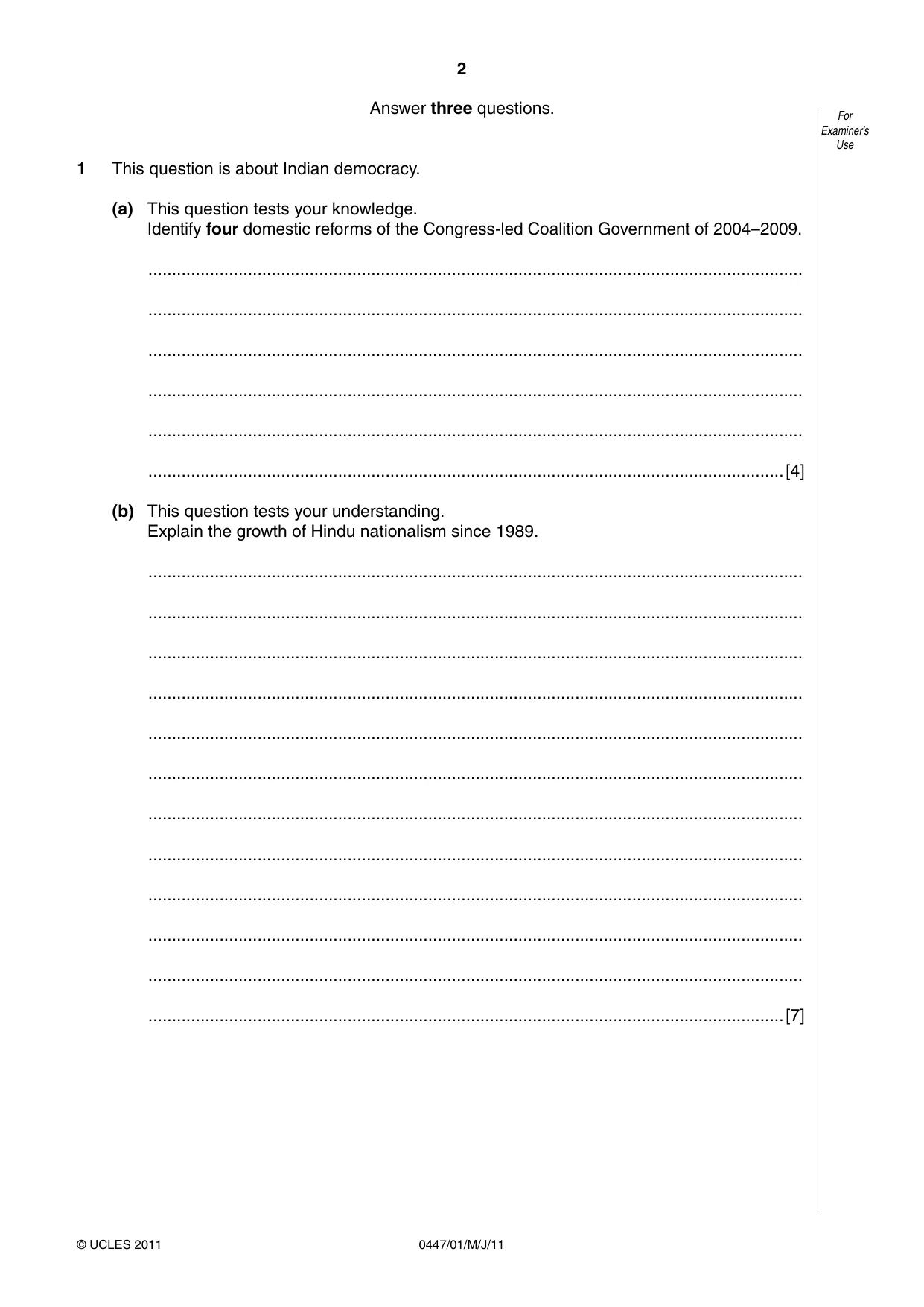 Cambridge IGCSE India Studies 0447 2011 May/June Paper 1 · Variant 1 question paper, page 2 of 12