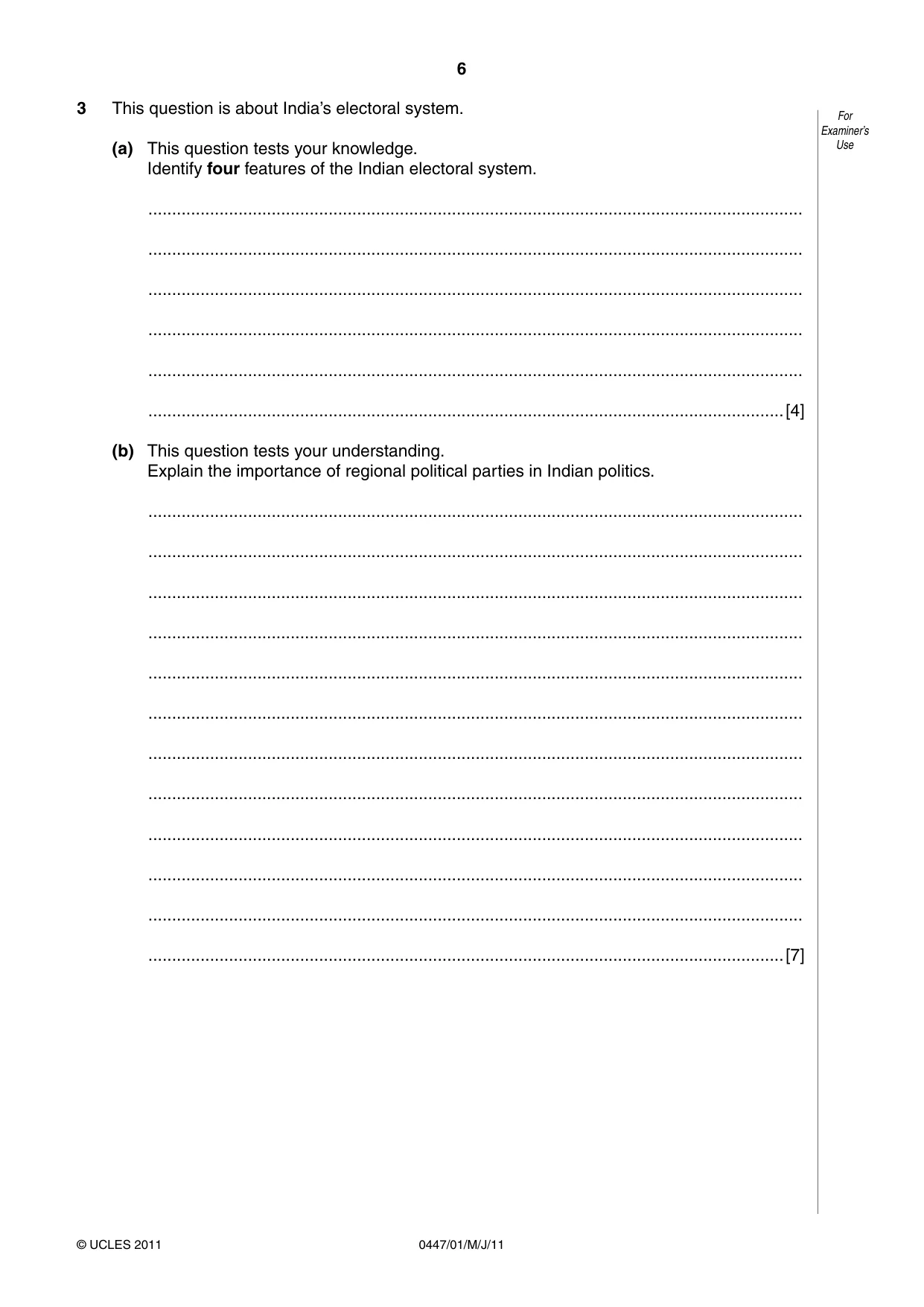 Cambridge IGCSE India Studies 0447 2011 May/June Paper 1 · Variant 1 question paper, page 6 of 12