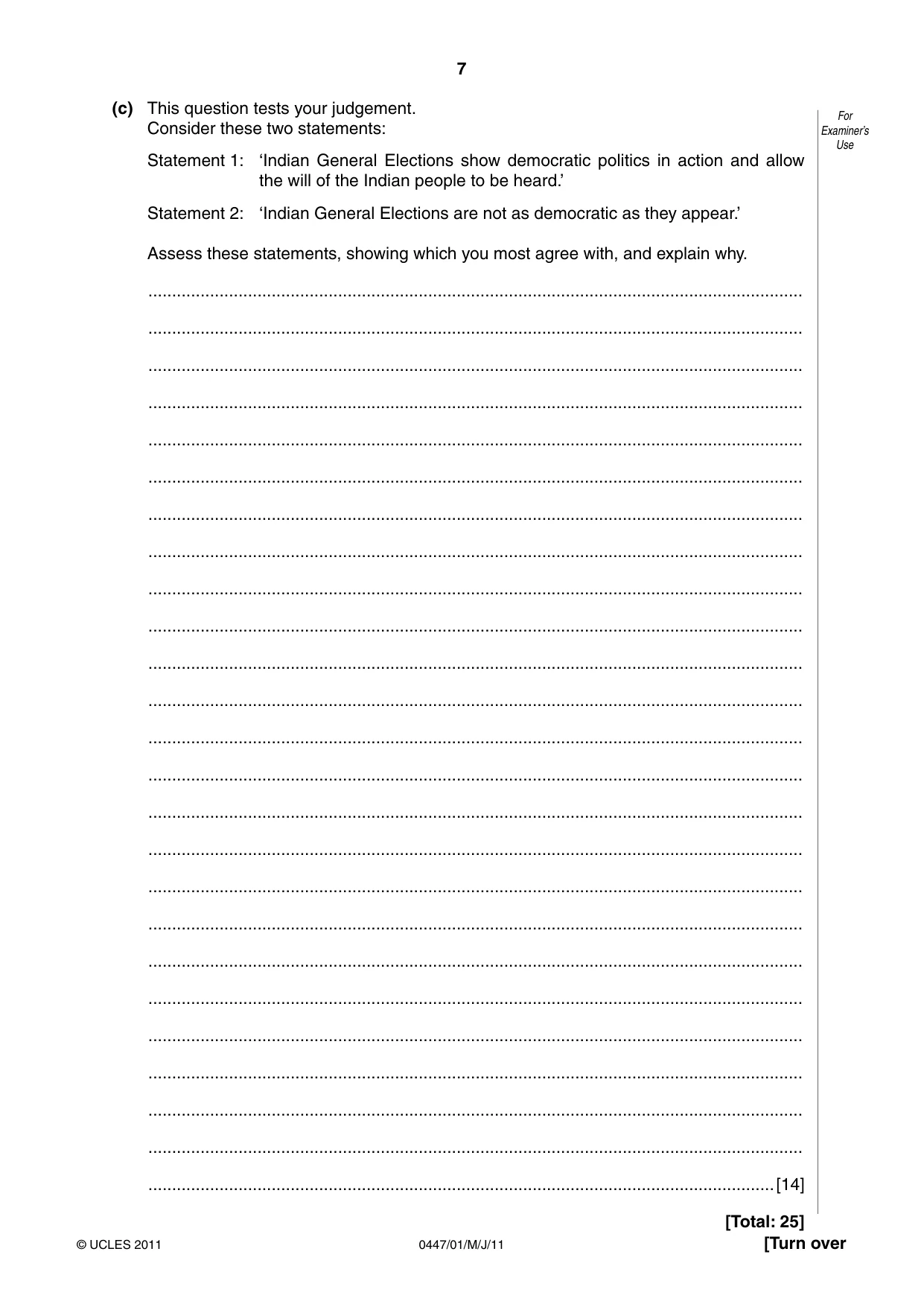 Cambridge IGCSE India Studies 0447 2011 May/June Paper 1 · Variant 1 question paper, page 7 of 12