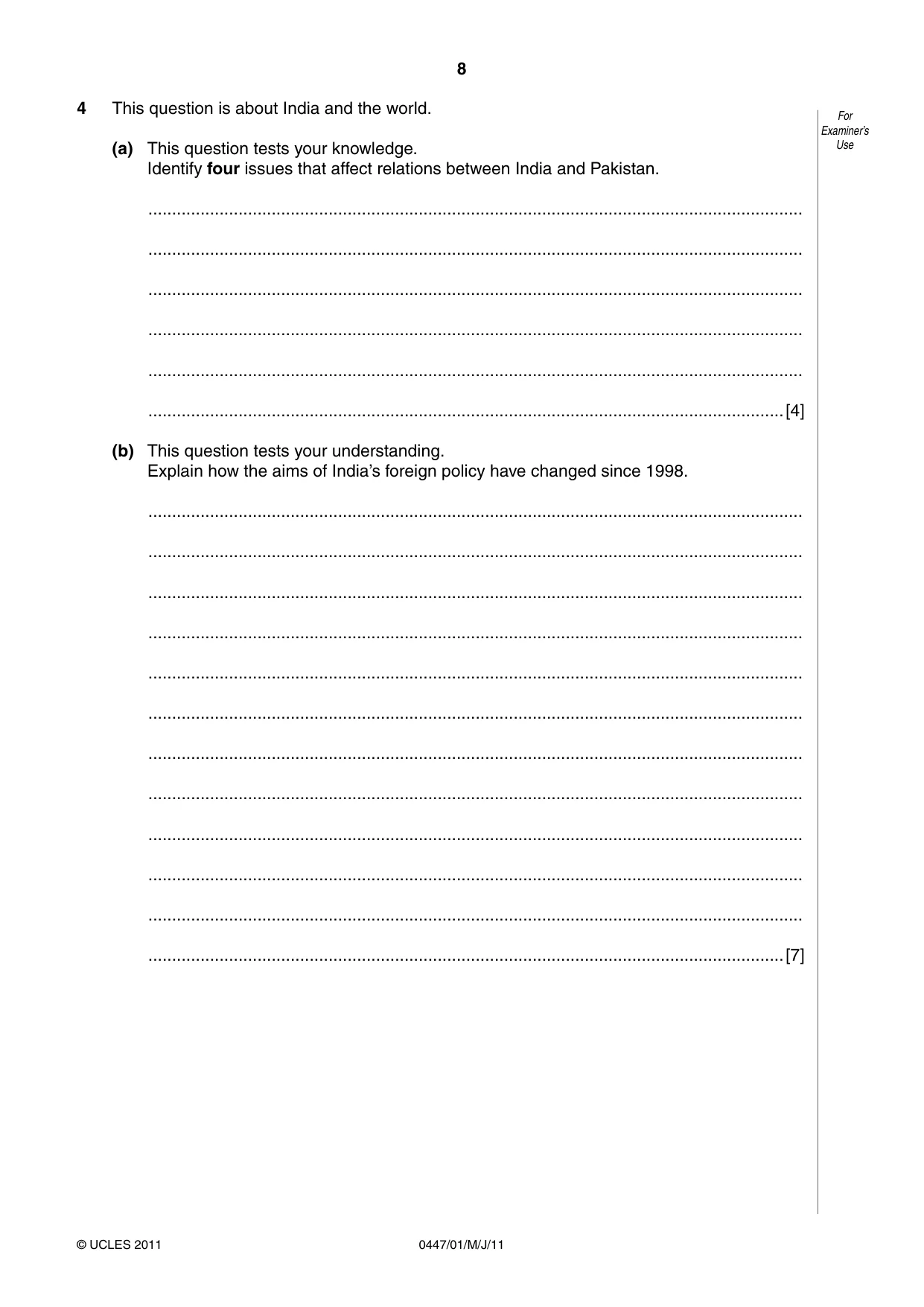 Cambridge IGCSE India Studies 0447 2011 May/June Paper 1 · Variant 1 question paper, page 8 of 12