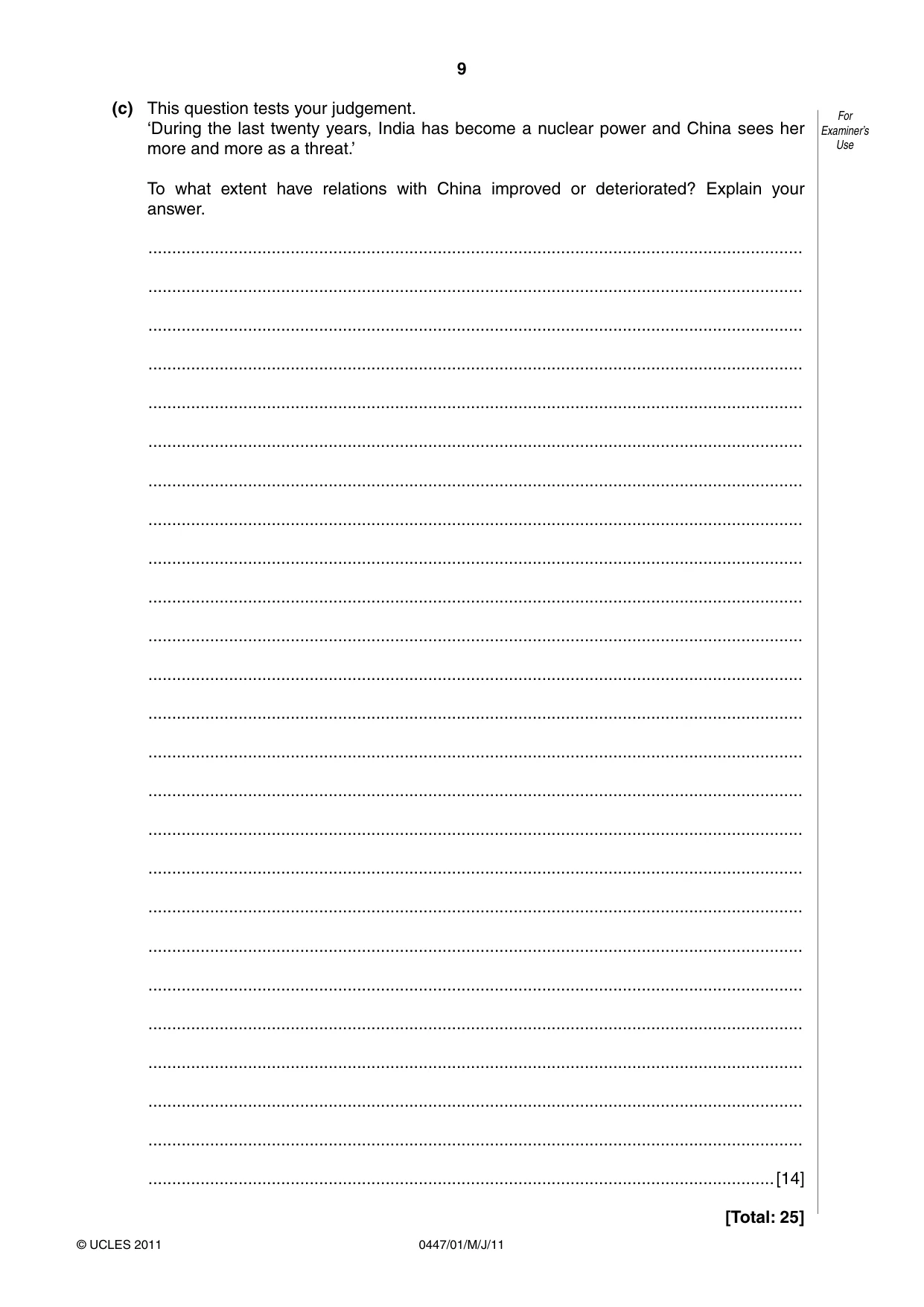 Cambridge IGCSE India Studies 0447 2011 May/June Paper 1 · Variant 1 question paper, page 9 of 12