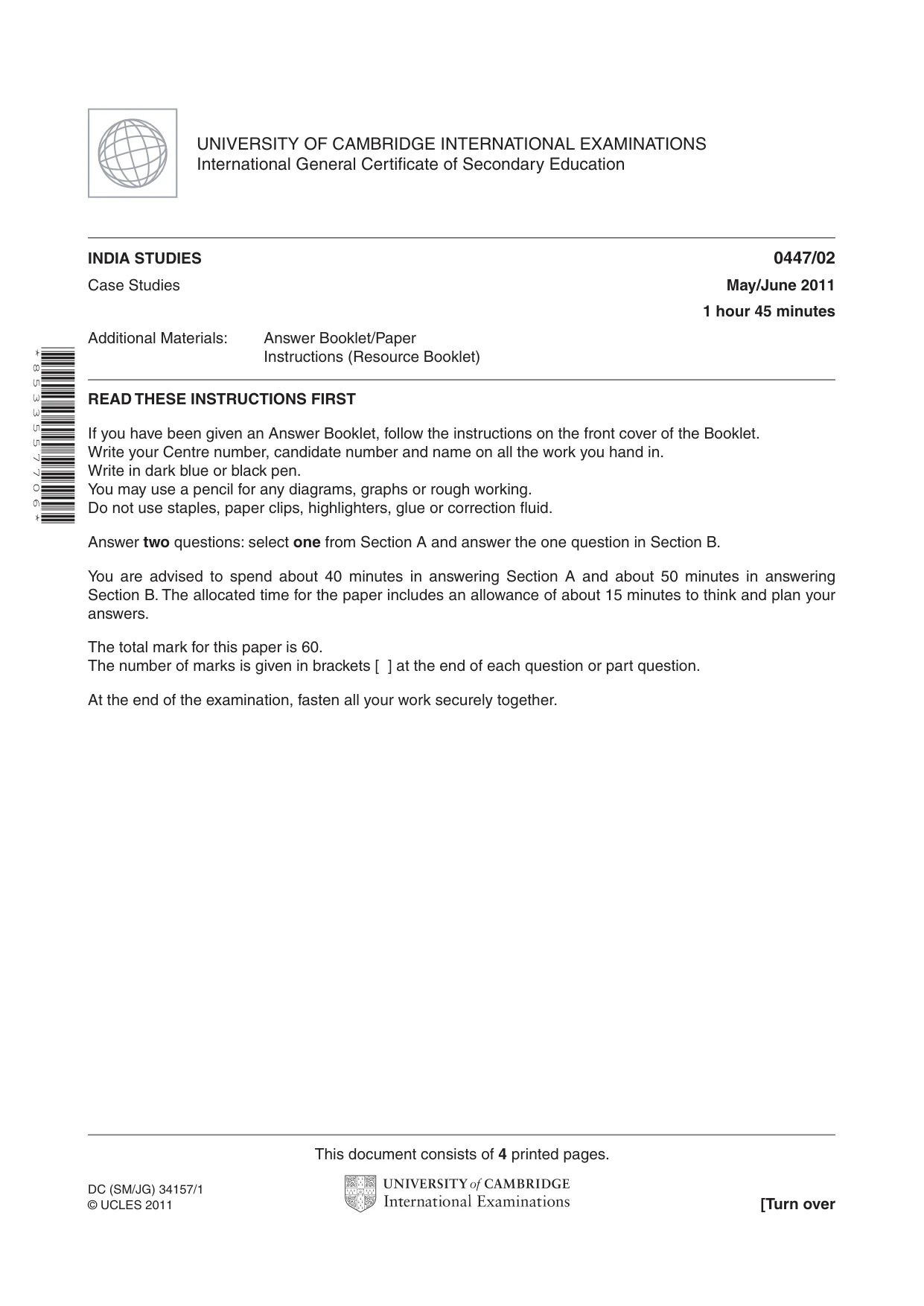 Cambridge IGCSE India Studies 0447 2011 May/June Paper 2 · Variant 1 question paper, page 1 of 4
