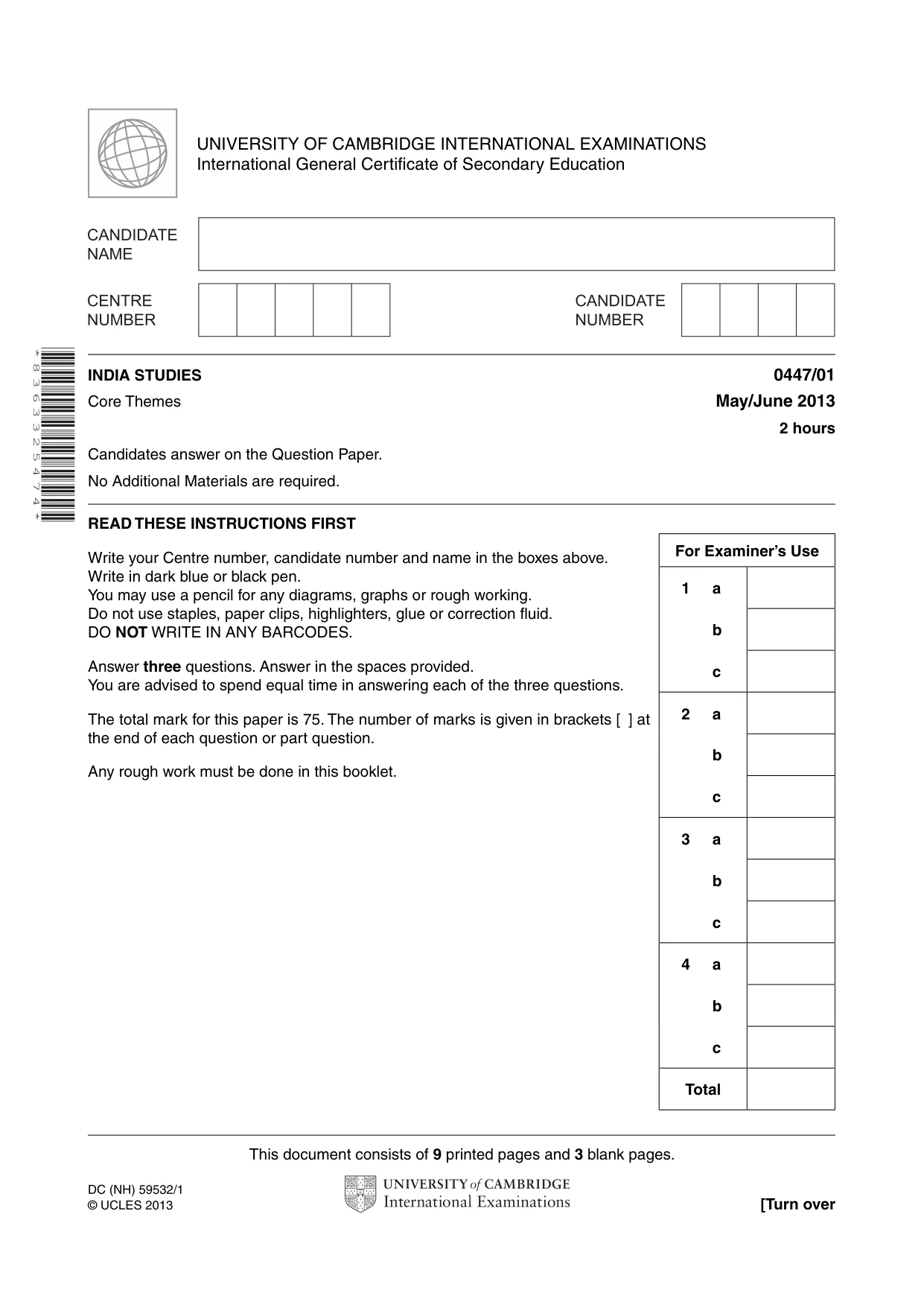 Cambridge IGCSE India Studies 0447 2013 May/June Paper 1 · Variant 1 question paper, page 1 of 12