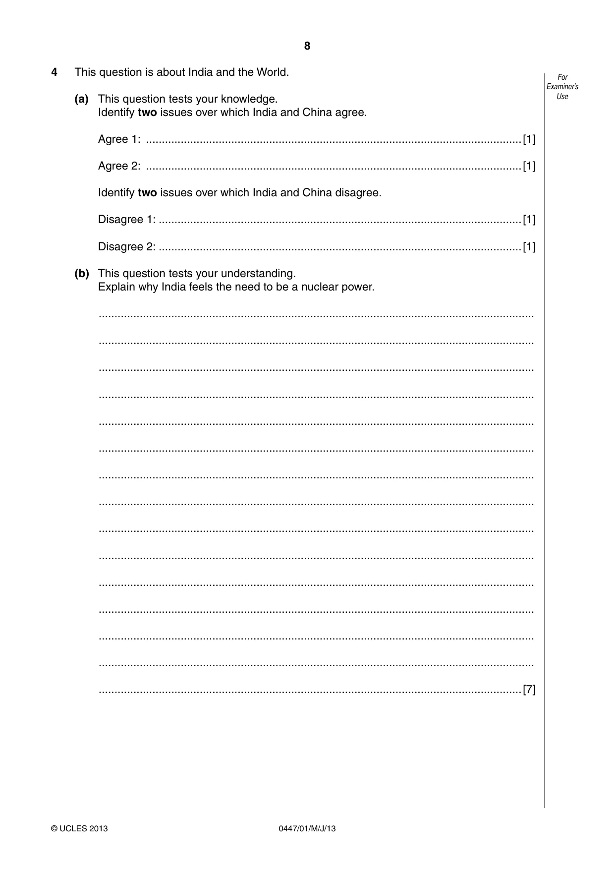 Cambridge IGCSE India Studies 0447 2013 May/June Paper 1 · Variant 1 question paper, page 8 of 12