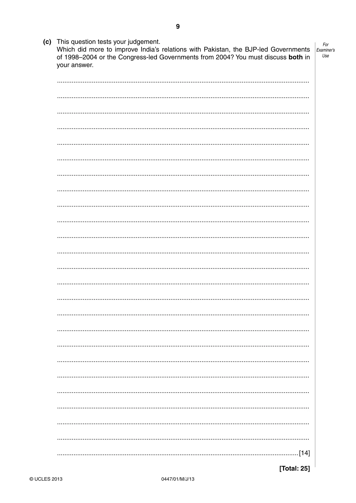 Cambridge IGCSE India Studies 0447 2013 May/June Paper 1 · Variant 1 question paper, page 9 of 12