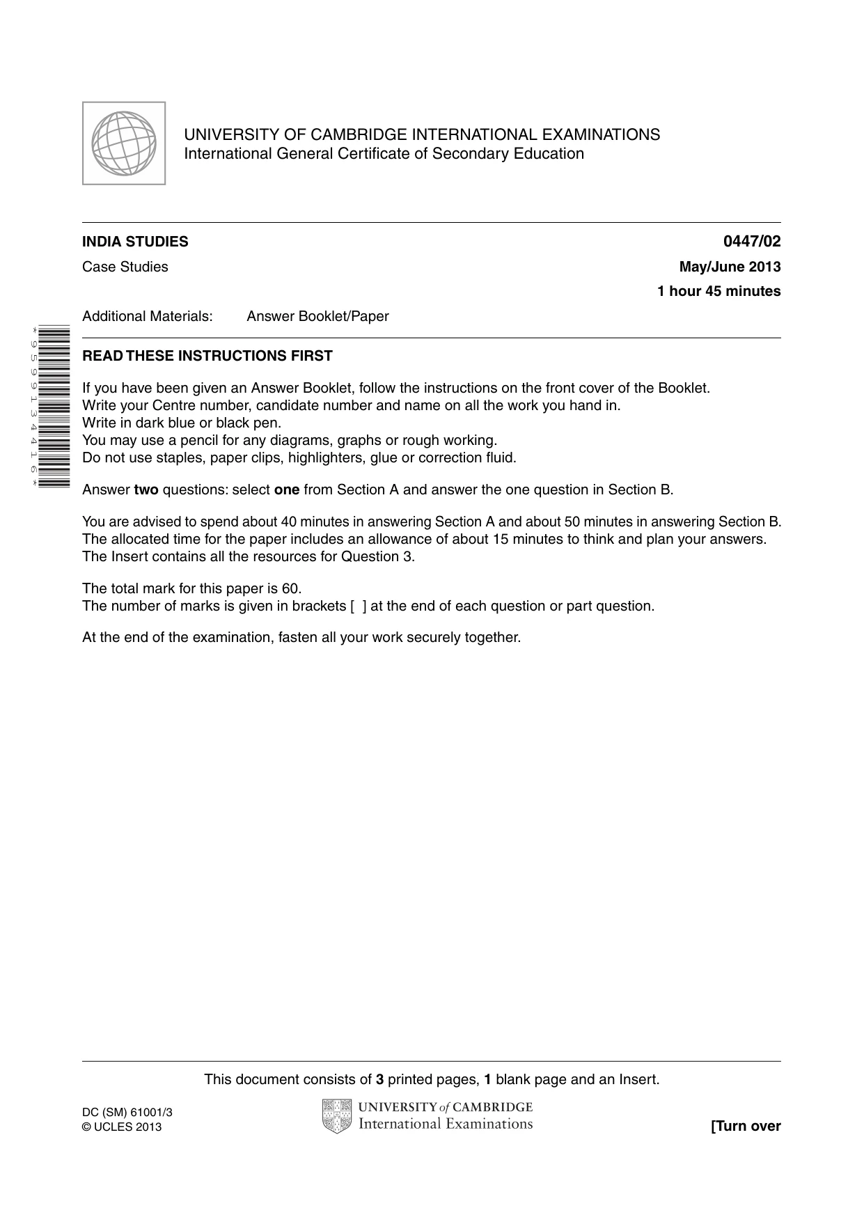 Cambridge IGCSE India Studies 0447 2013 May/June Paper 2 · Variant 1 question paper, page 1 of 4