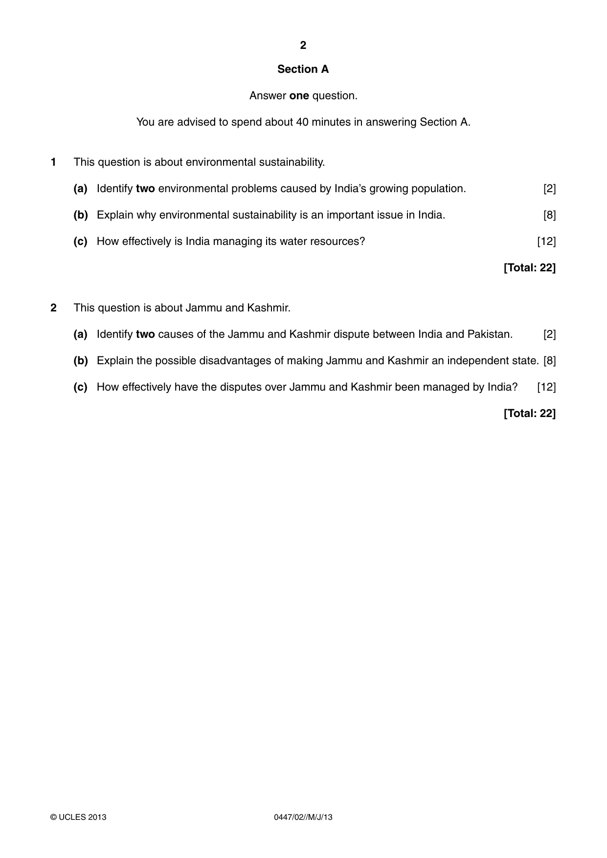 Cambridge IGCSE India Studies 0447 2013 May/June Paper 2 · Variant 1 question paper, page 2 of 4