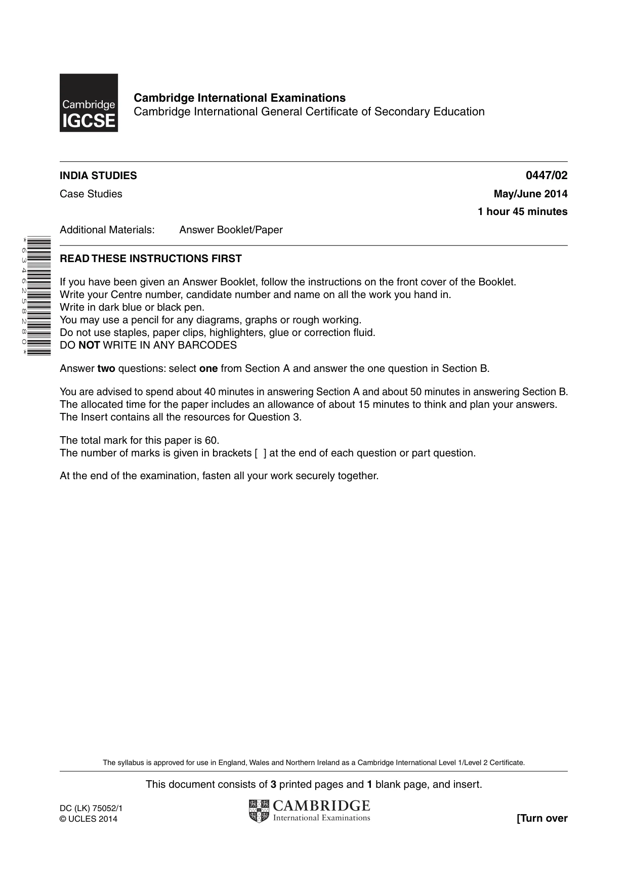 Cambridge IGCSE India Studies 0447 2014 May/June Paper 2 · Variant 0 question paper, page 1 of 4
