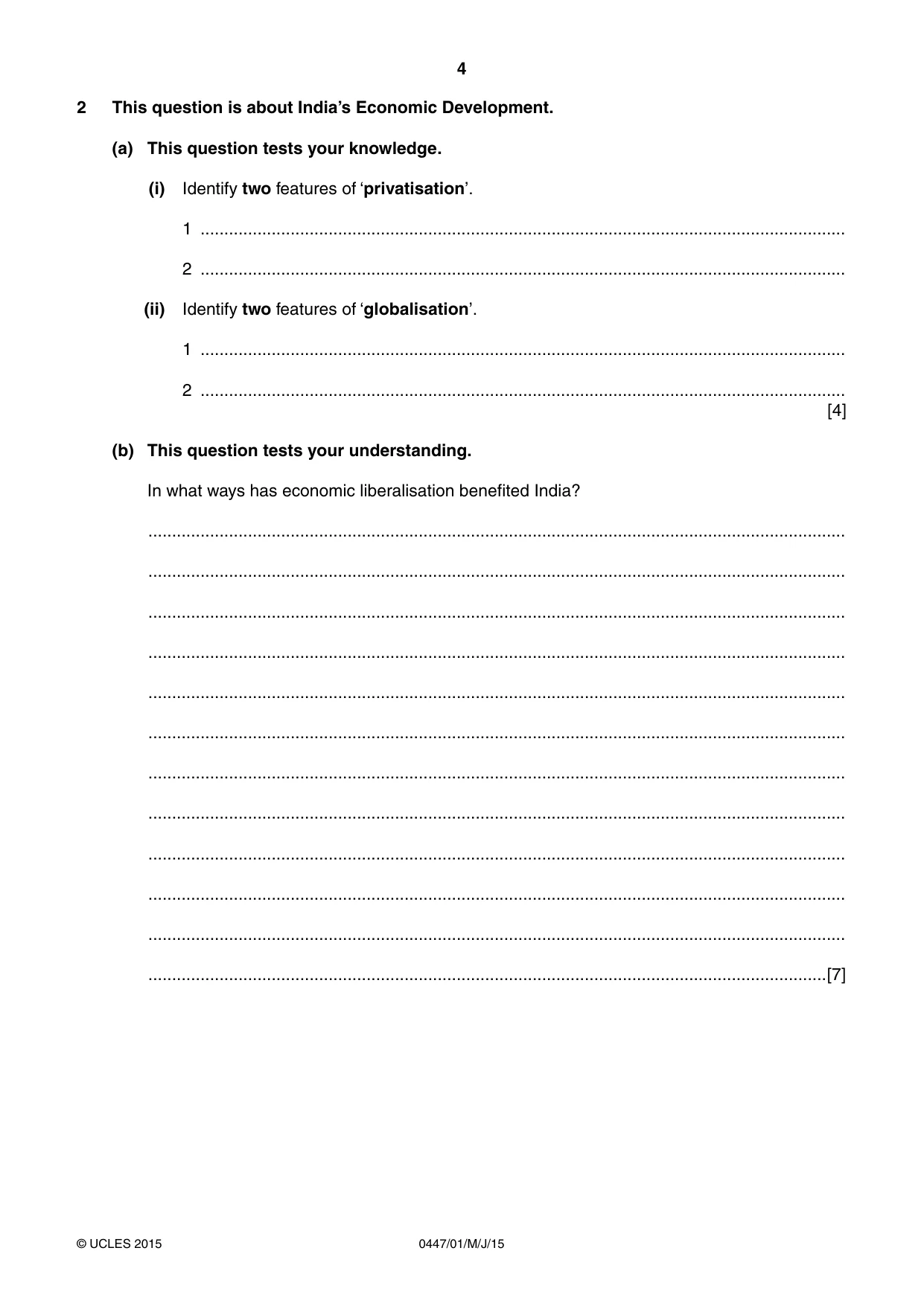 Cambridge IGCSE India Studies 0447 2015 May/June Paper 1 · Variant 1 question paper, page 4 of 12