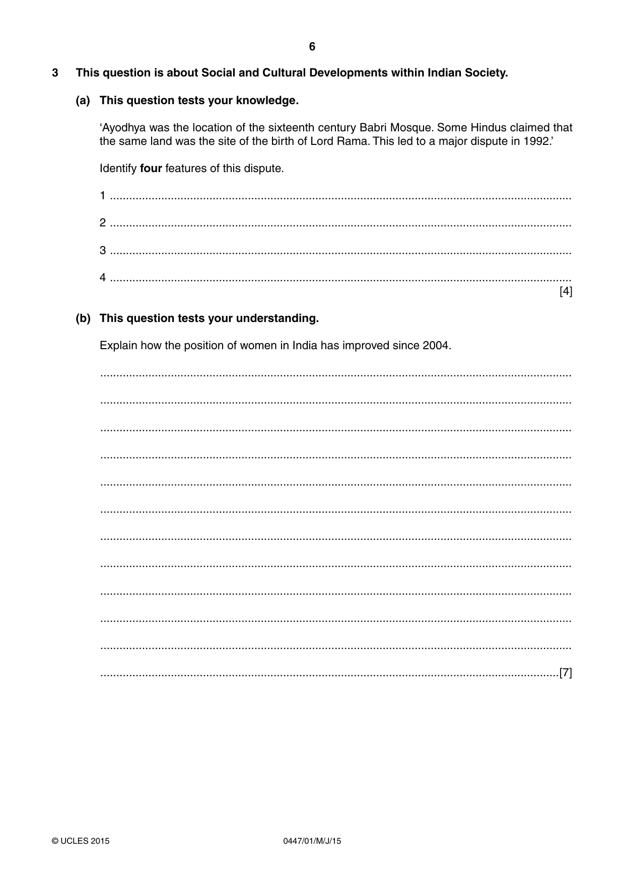 Cambridge IGCSE India Studies 0447 2015 May/June Paper 1 · Variant 1 question paper, page 6 of 12