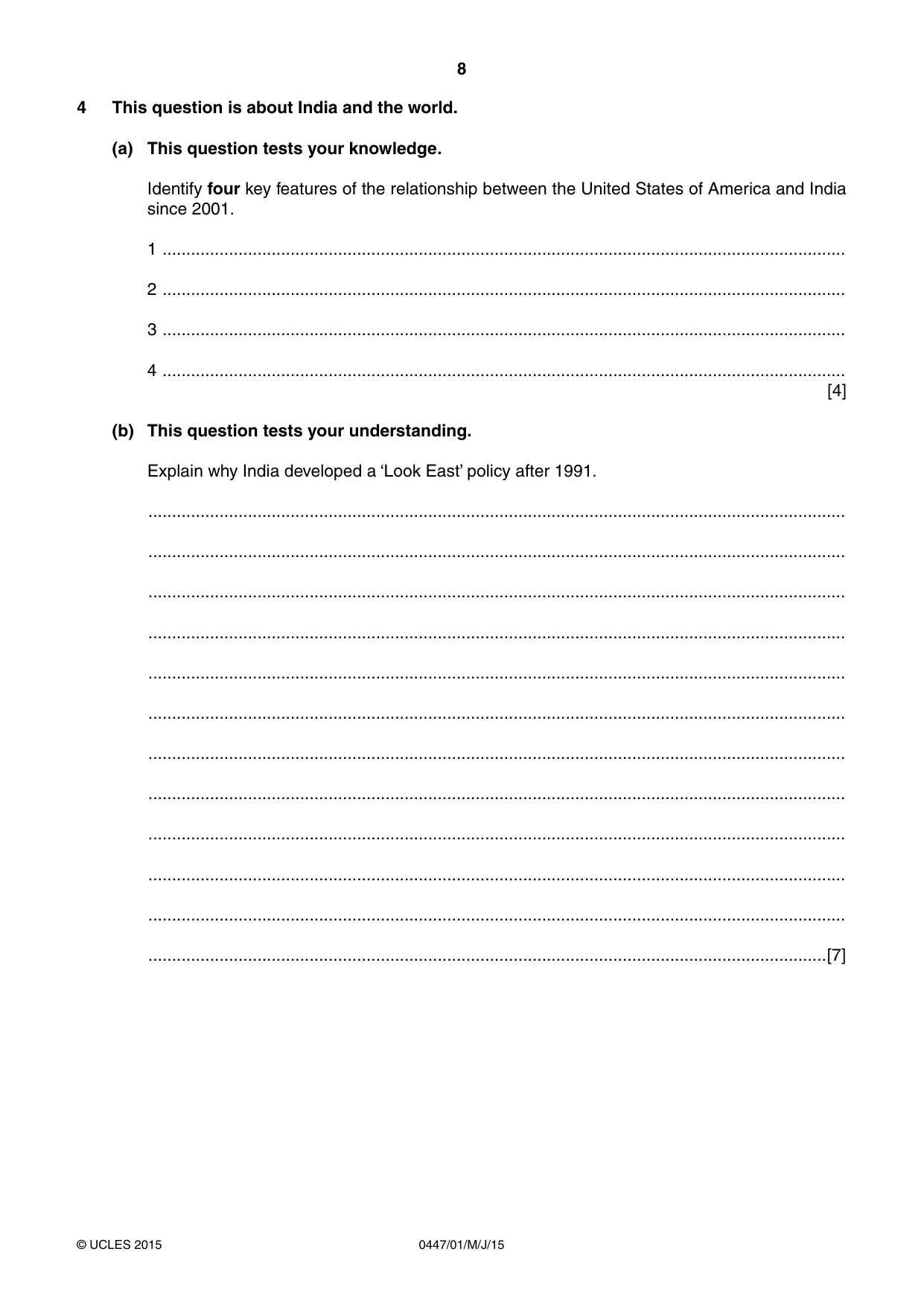 Cambridge IGCSE India Studies 0447 2015 May/June Paper 1 · Variant 1 question paper, page 8 of 12