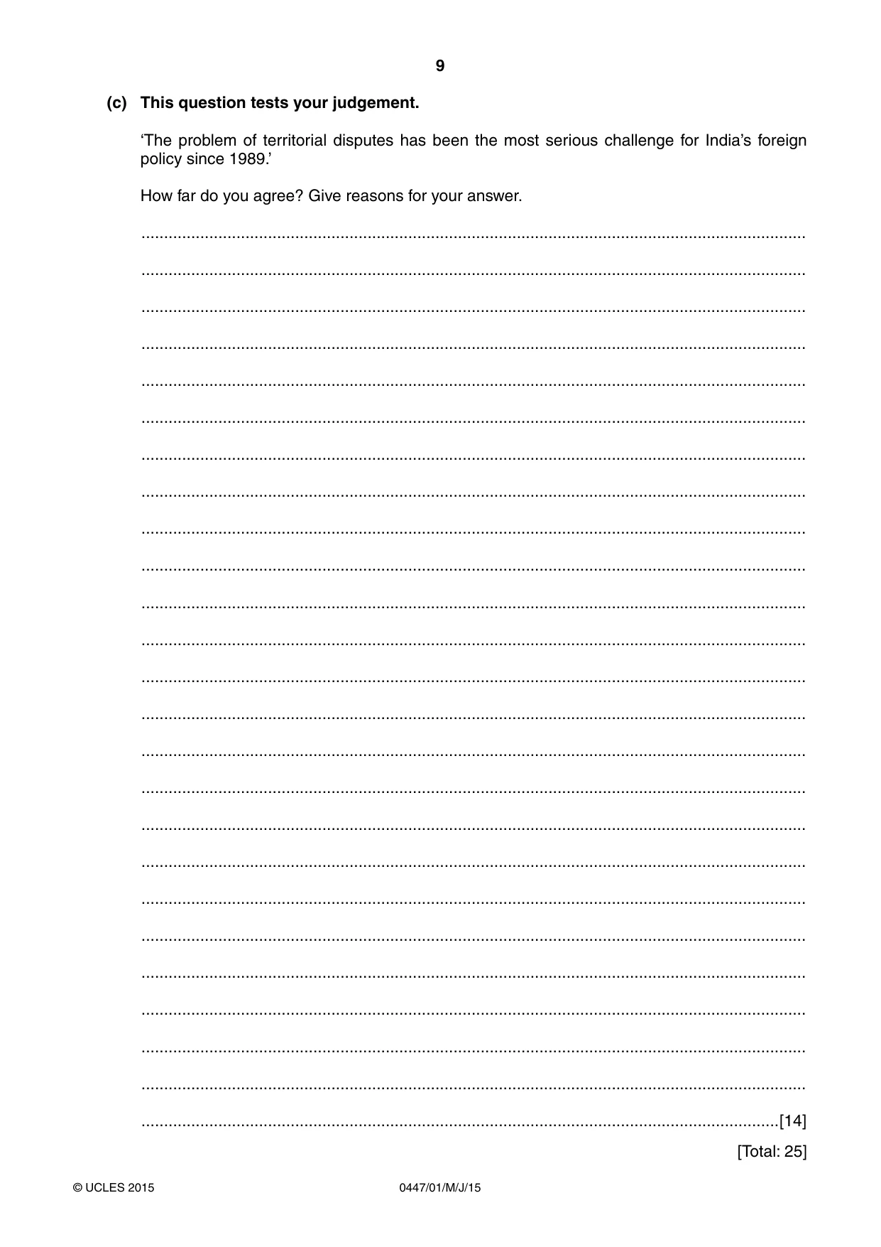 Cambridge IGCSE India Studies 0447 2015 May/June Paper 1 · Variant 1 question paper, page 9 of 12
