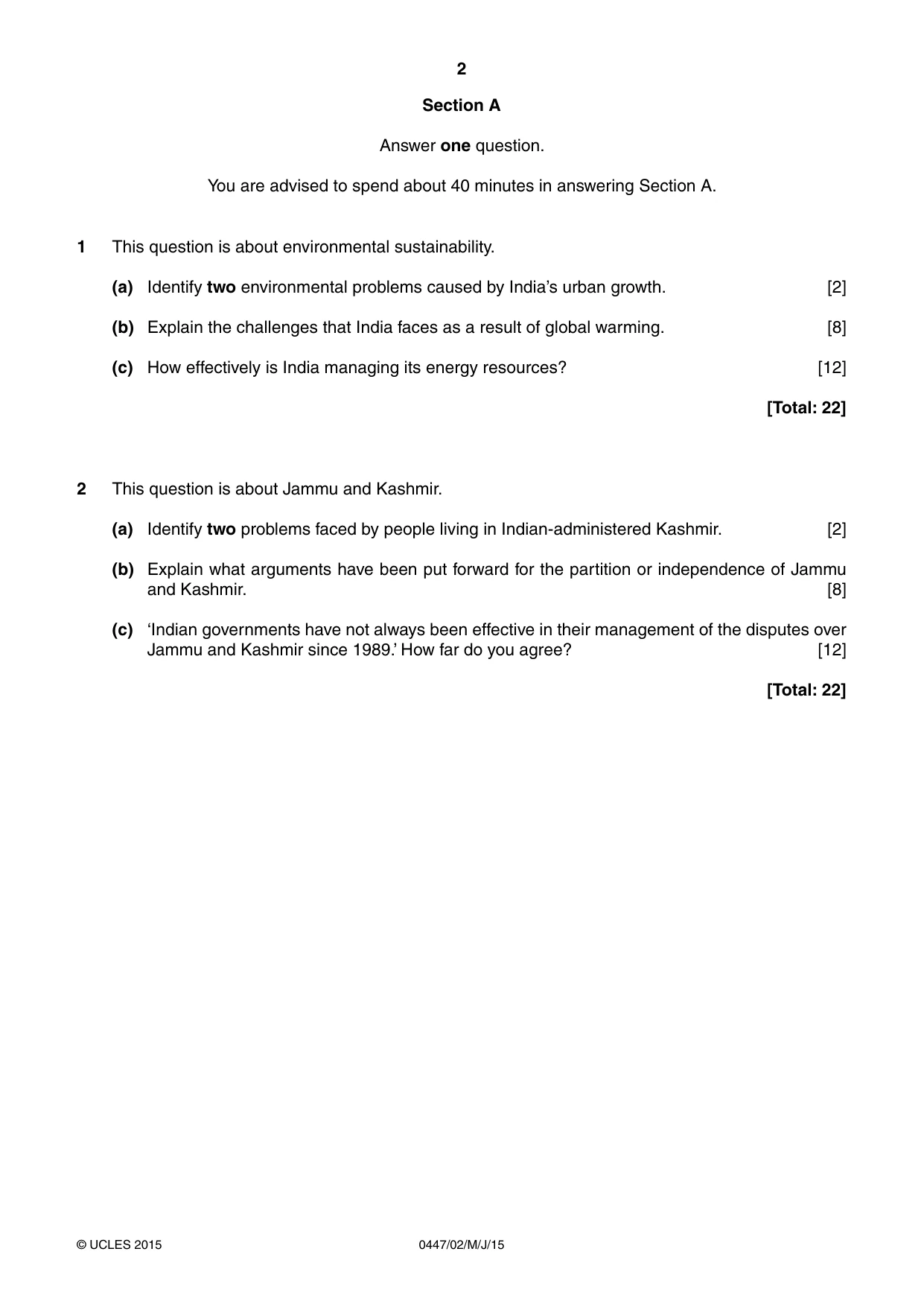 Cambridge IGCSE India Studies 0447 2015 May/June Paper 2 · Variant 1 question paper, page 2 of 4