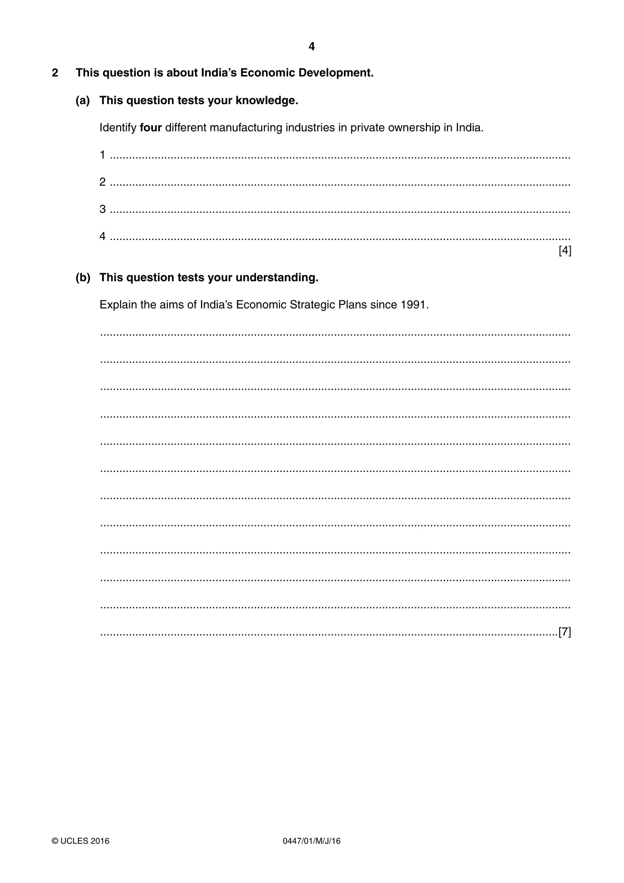 Cambridge IGCSE India Studies 0447 2016 May/June Paper 1 · Variant 0 question paper, page 4 of 12