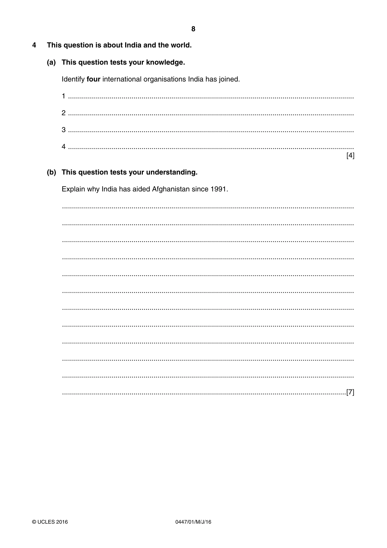 Cambridge IGCSE India Studies 0447 2016 May/June Paper 1 · Variant 0 question paper, page 8 of 12
