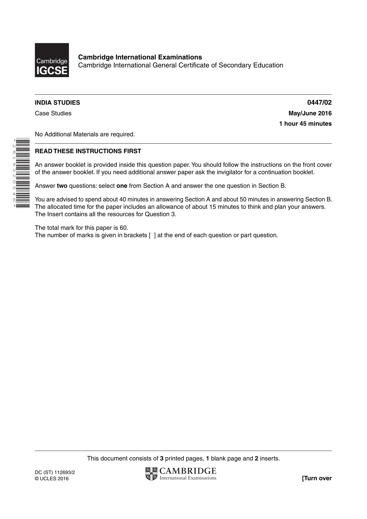 Cambridge IGCSE India Studies 0447 2016 May/June Paper 2 · Variant 0 question paper, page 1 of 4