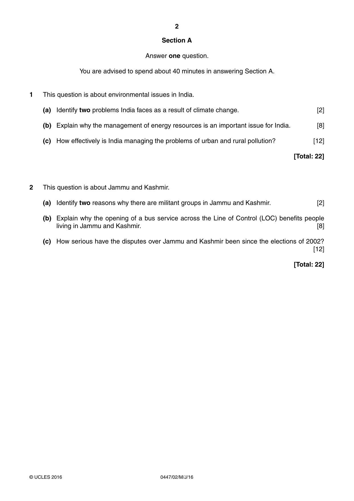 Cambridge IGCSE India Studies 0447 2016 May/June Paper 2 · Variant 0 question paper, page 2 of 4