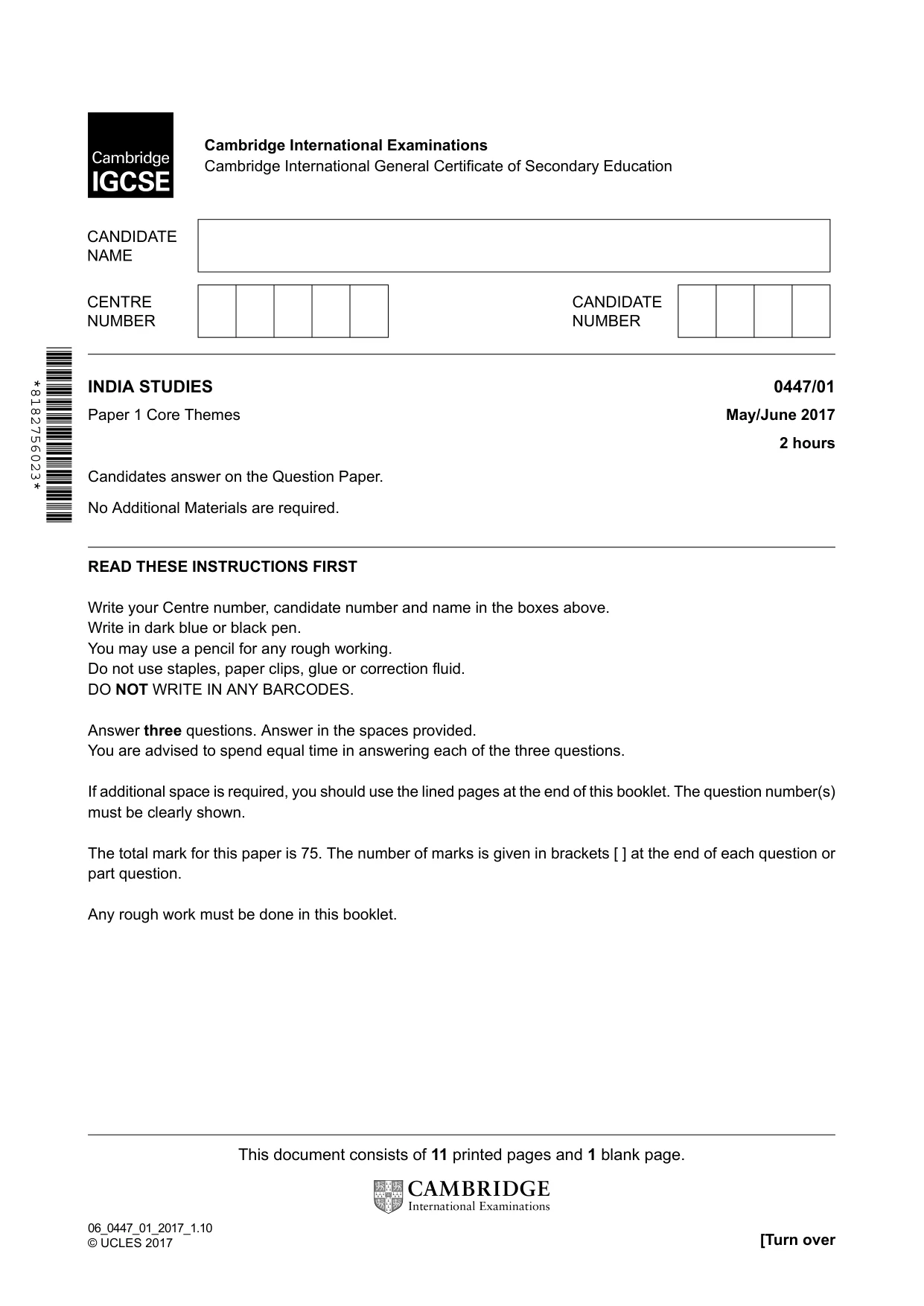 Cambridge IGCSE India Studies 0447 2017 May/June Paper 1 · Variant 1 question paper, page 1 of 12