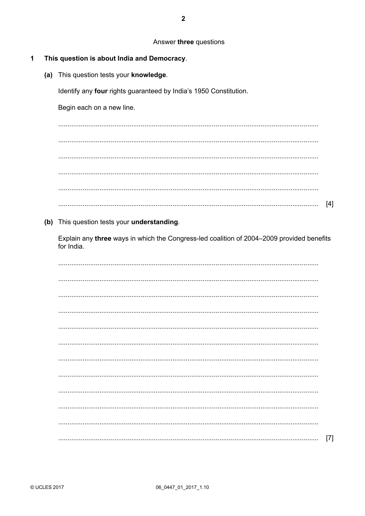 Cambridge IGCSE India Studies 0447 2017 May/June Paper 1 · Variant 1 question paper, page 2 of 12