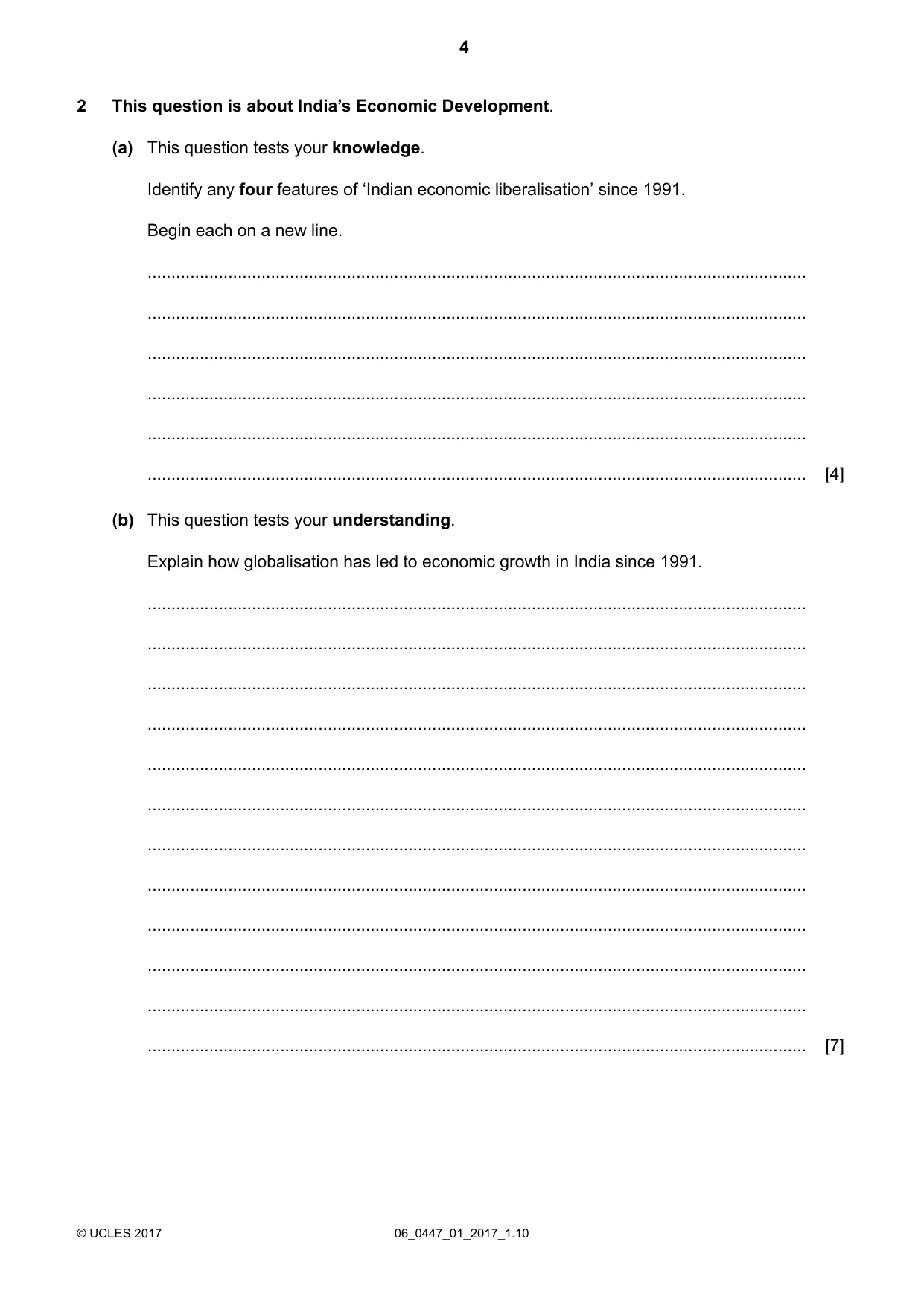 Cambridge IGCSE India Studies 0447 2017 May/June Paper 1 · Variant 1 question paper, page 4 of 12