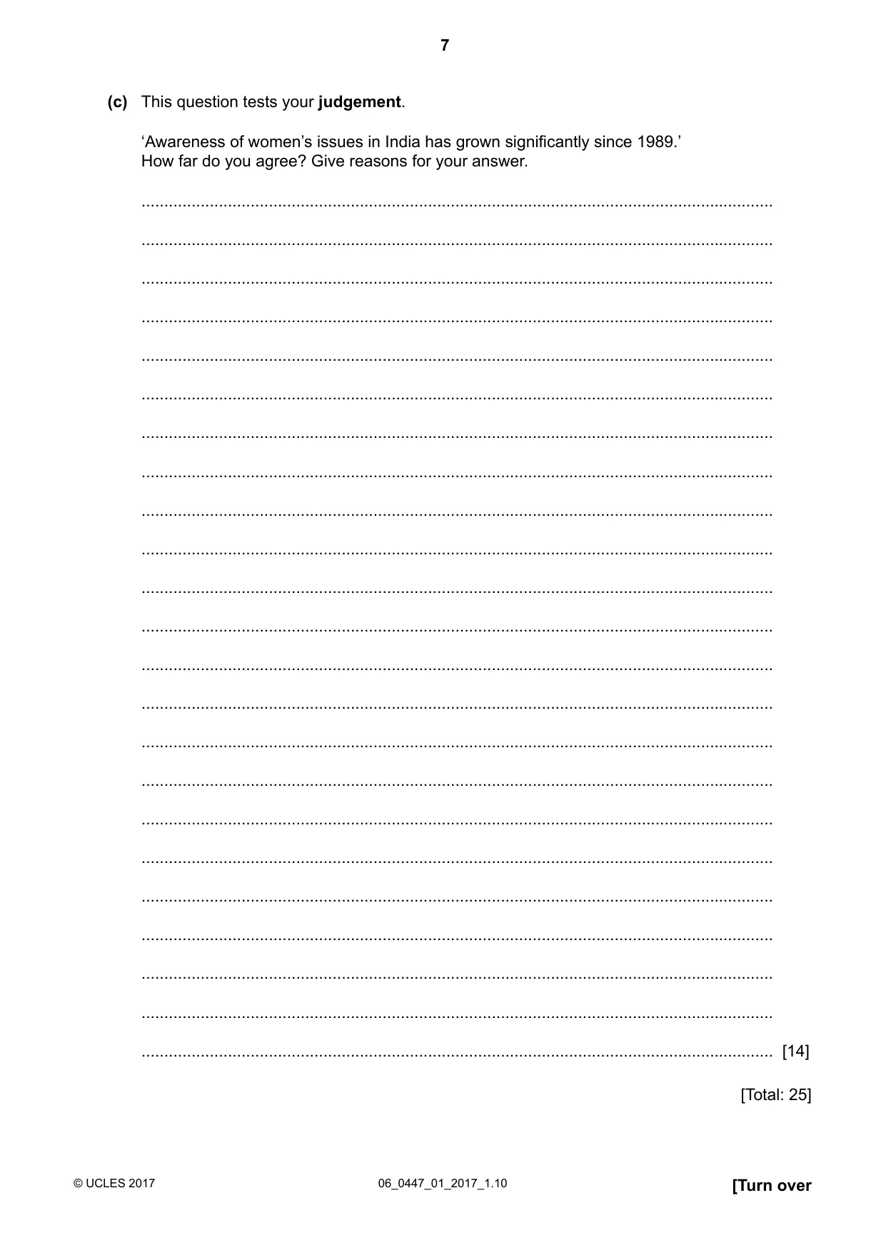 Cambridge IGCSE India Studies 0447 2017 May/June Paper 1 · Variant 1 question paper, page 7 of 12