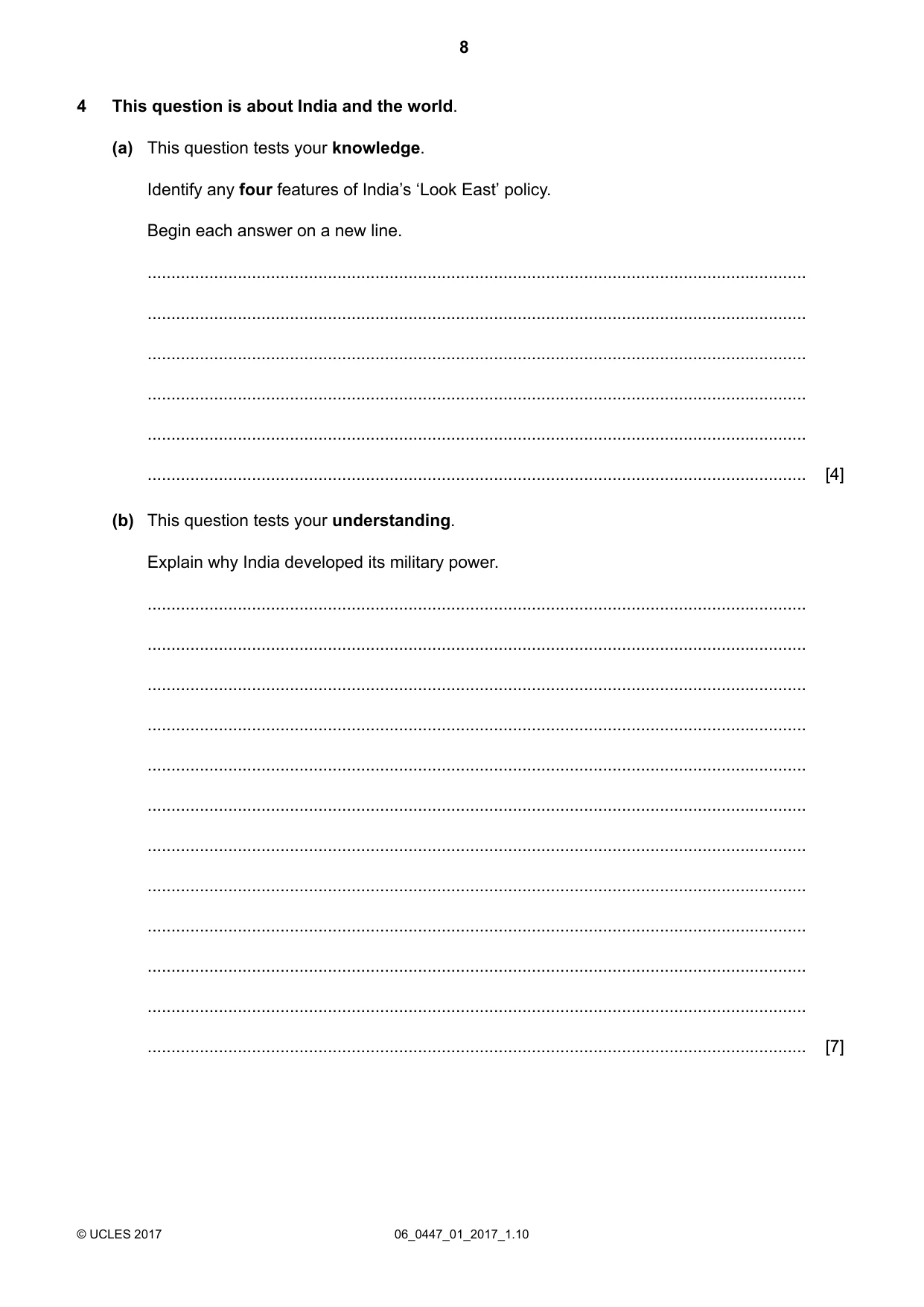 Cambridge IGCSE India Studies 0447 2017 May/June Paper 1 · Variant 1 question paper, page 8 of 12