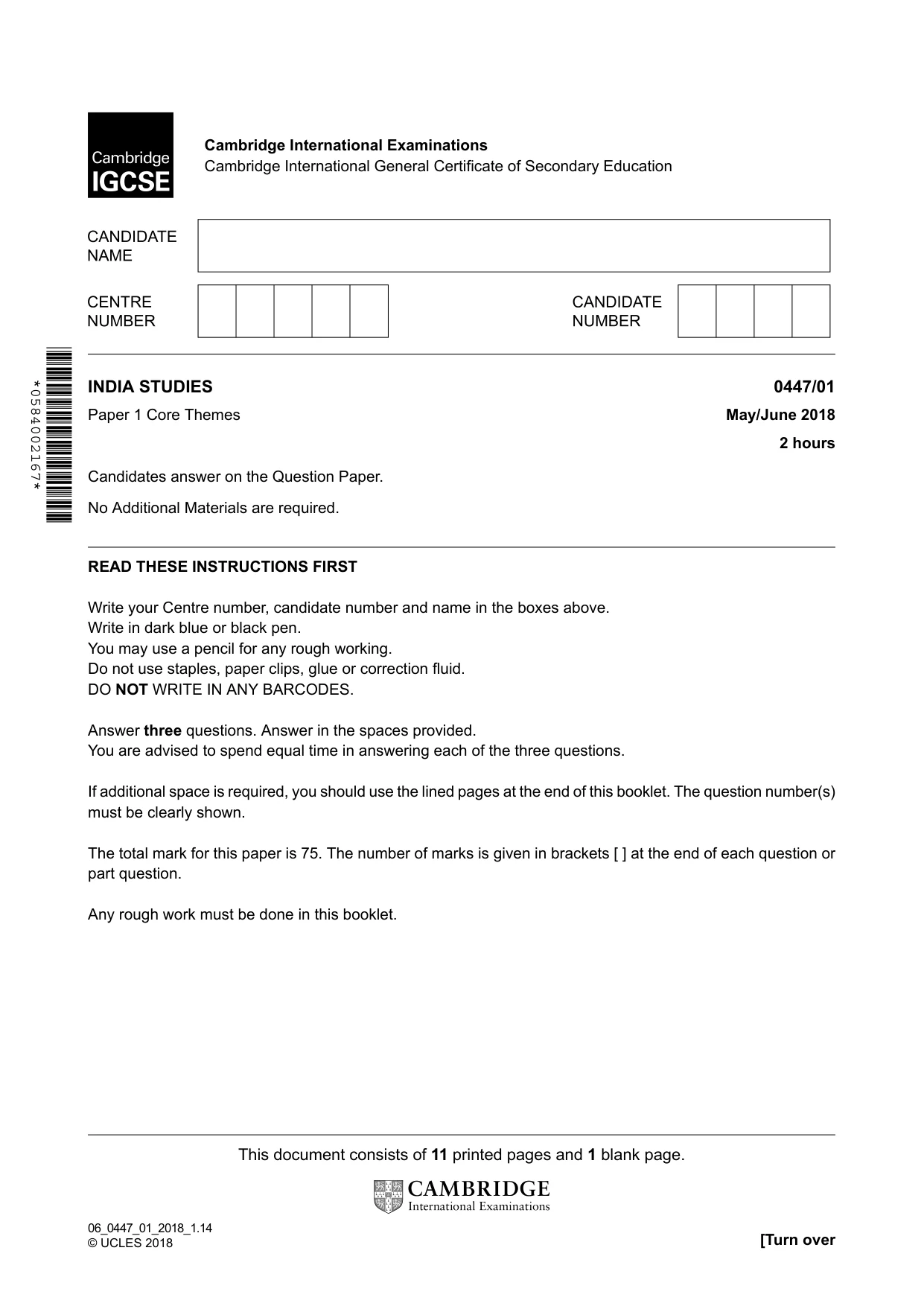 Cambridge IGCSE India Studies 0447 2018 May/June Paper 1 · Variant 0 question paper, page 1 of 12