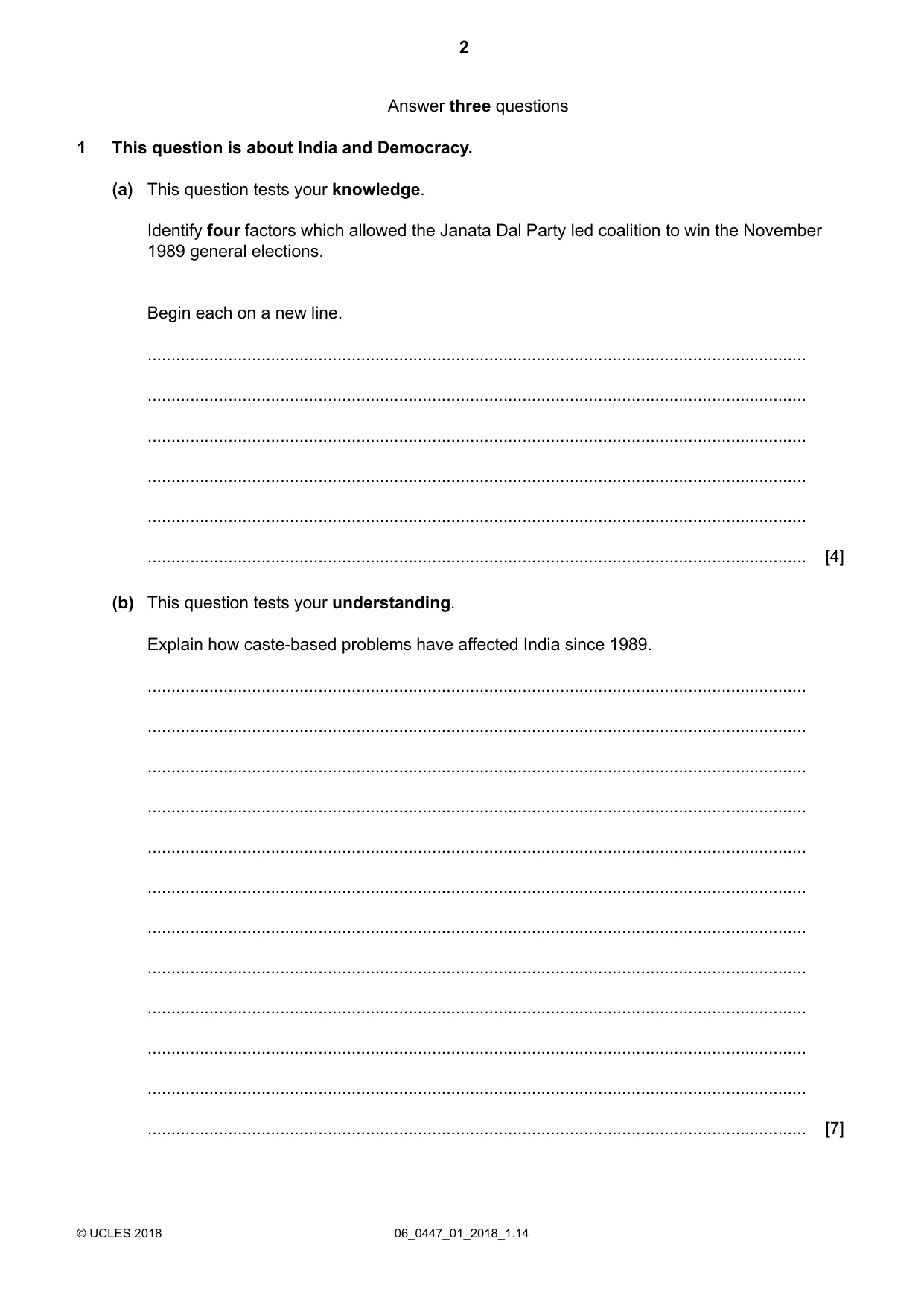 Cambridge IGCSE India Studies 0447 2018 May/June Paper 1 · Variant 0 question paper, page 2 of 12