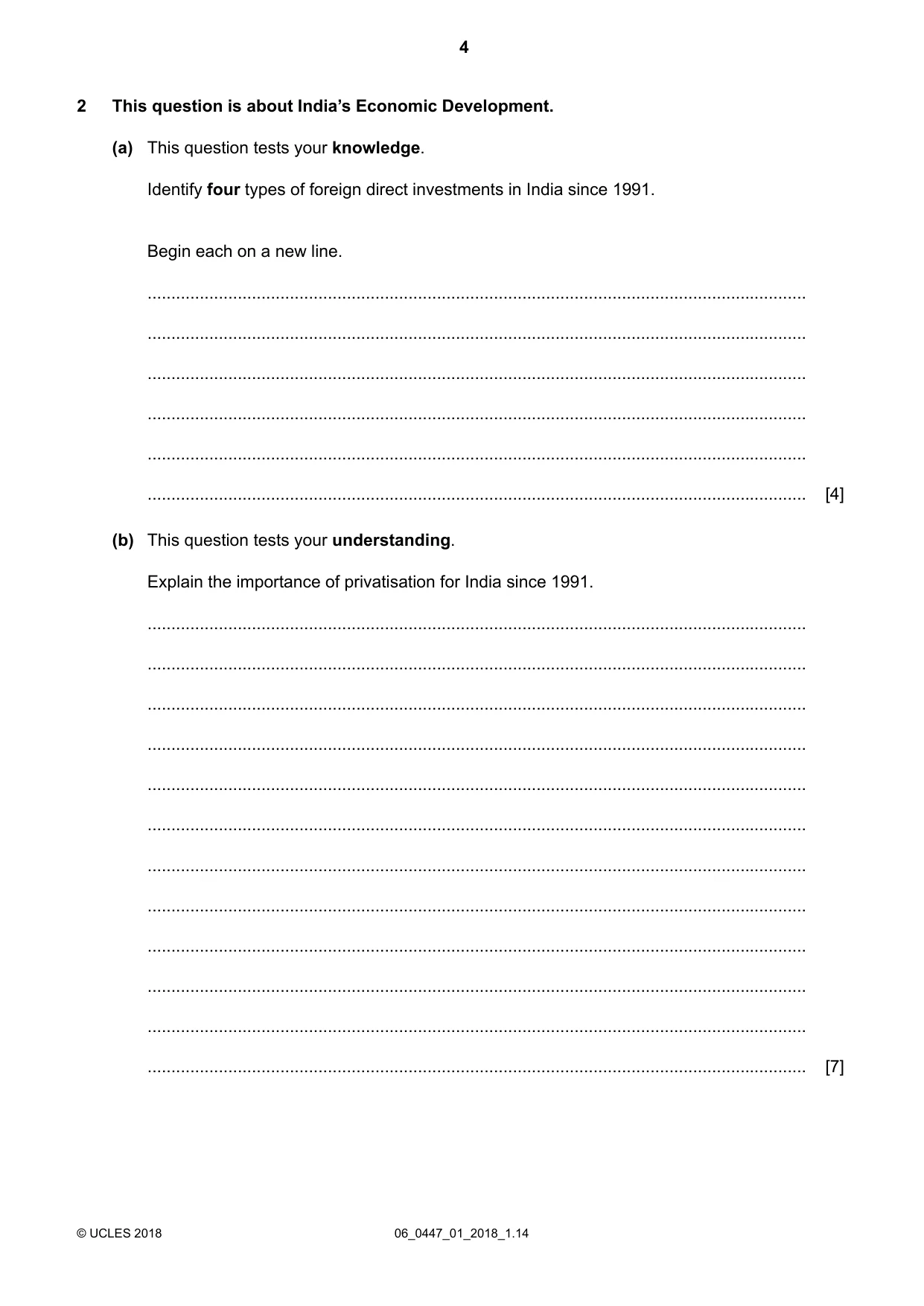 Cambridge IGCSE India Studies 0447 2018 May/June Paper 1 · Variant 0 question paper, page 4 of 12