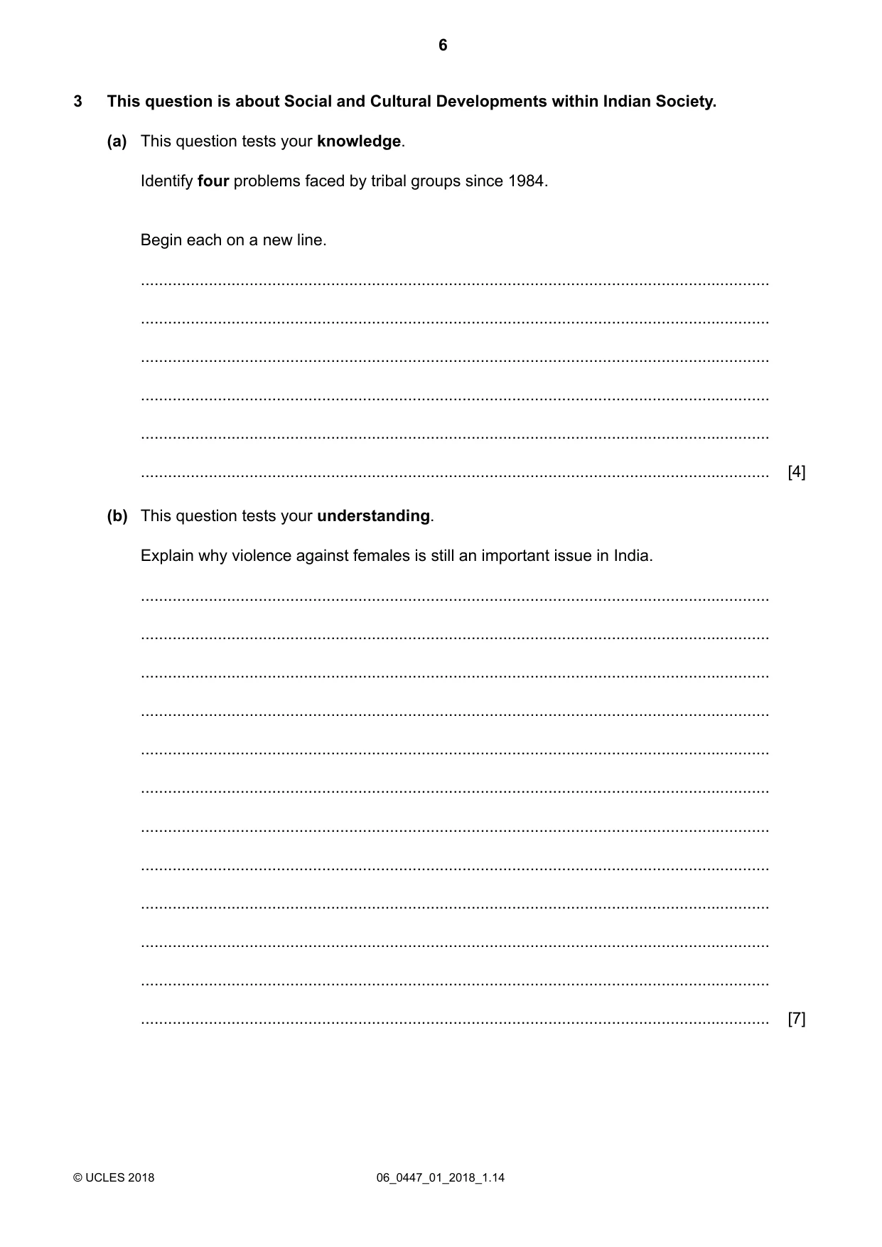 Cambridge IGCSE India Studies 0447 2018 May/June Paper 1 · Variant 0 question paper, page 6 of 12