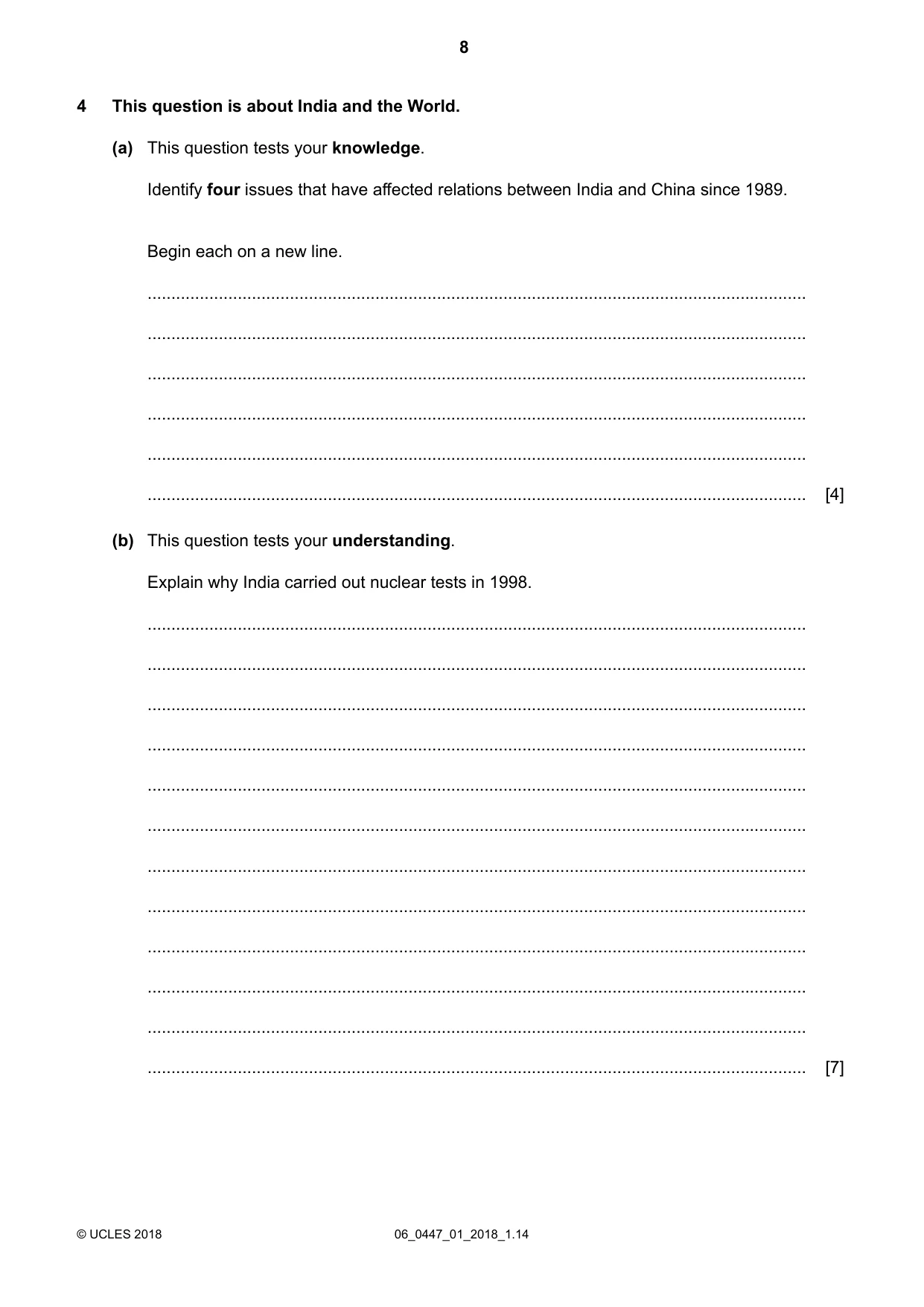 Cambridge IGCSE India Studies 0447 2018 May/June Paper 1 · Variant 0 question paper, page 8 of 12