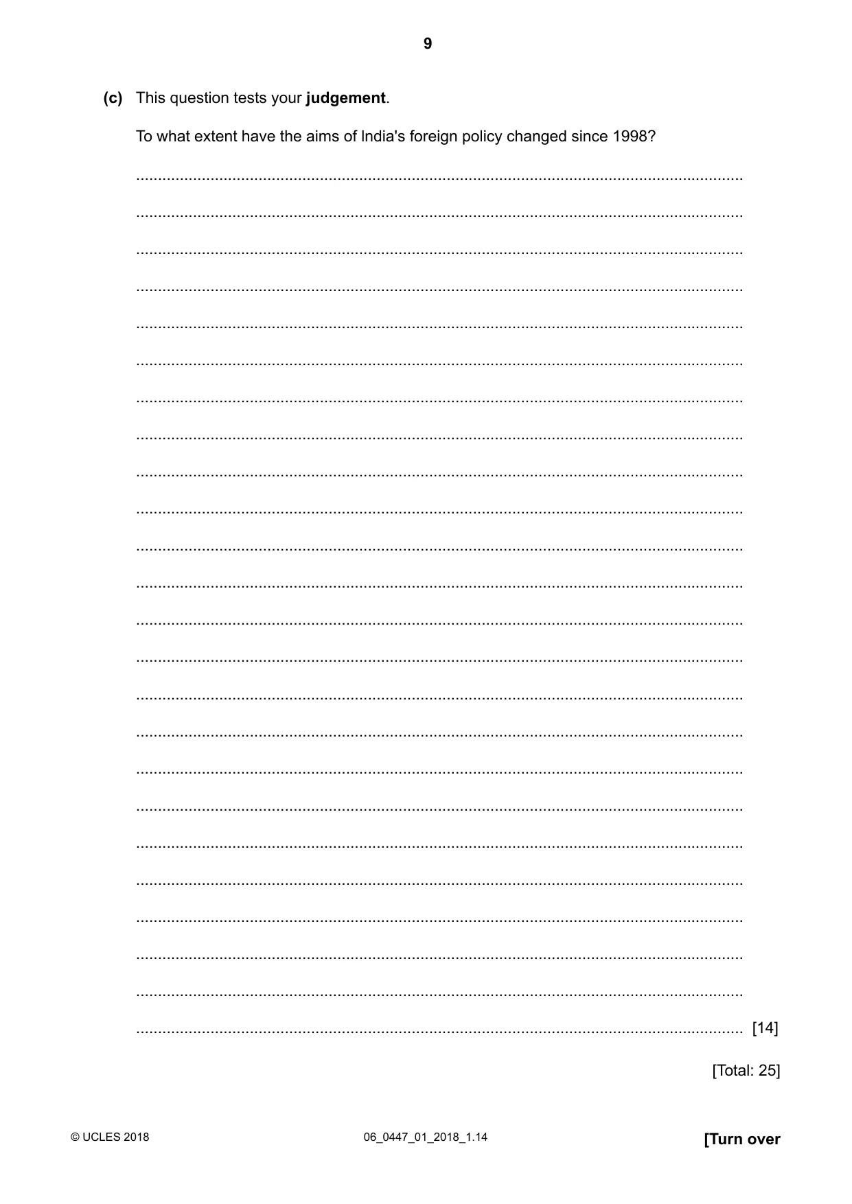 Cambridge IGCSE India Studies 0447 2018 May/June Paper 1 · Variant 0 question paper, page 9 of 12