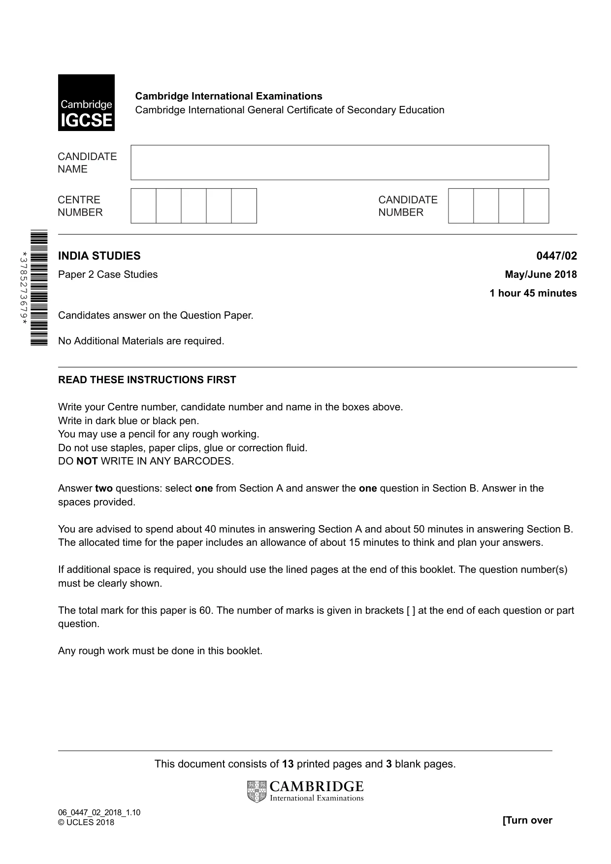 Cambridge IGCSE India Studies 0447 2018 May/June Paper 2 · Variant 0 question paper, page 1 of 16