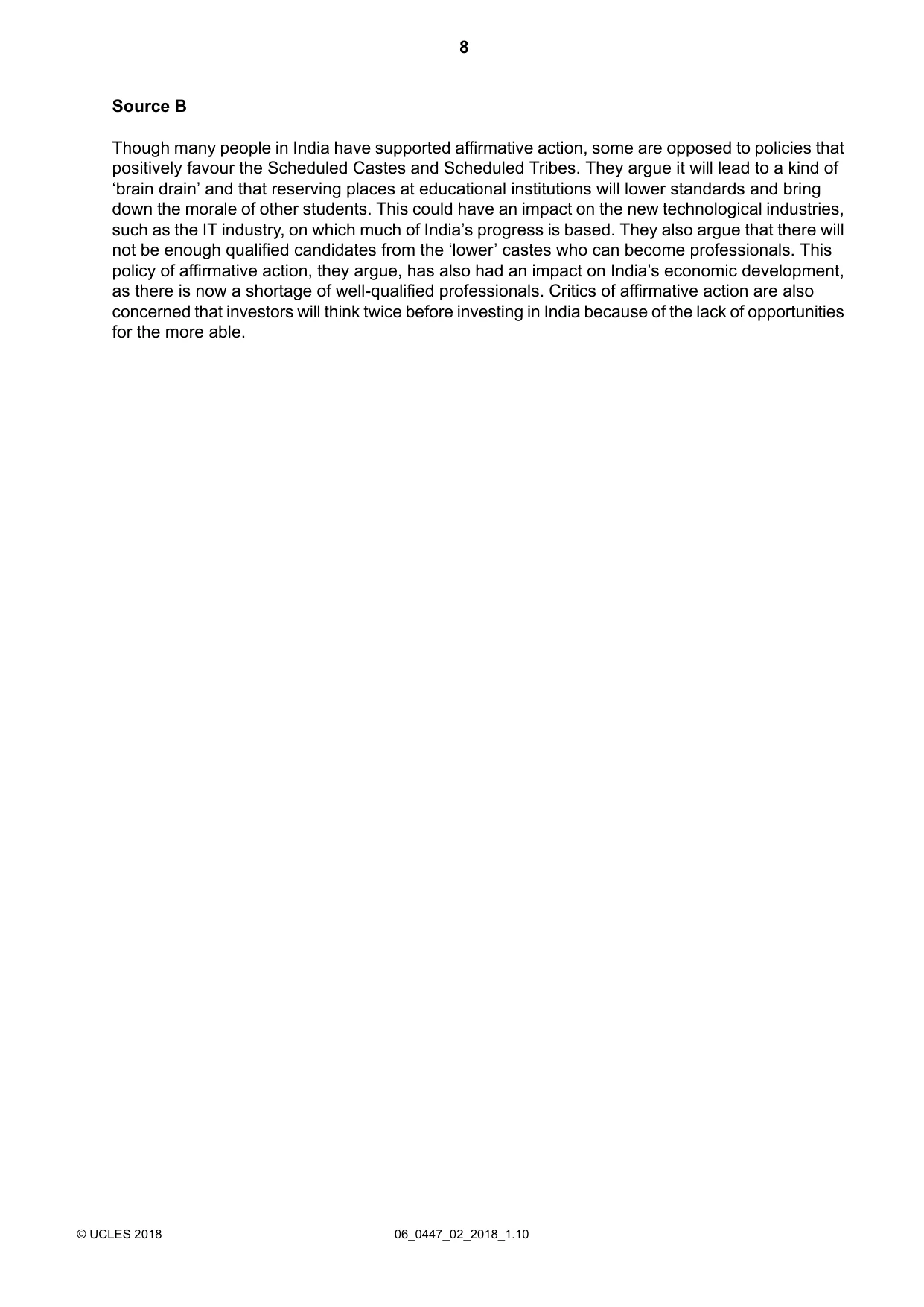 Cambridge IGCSE India Studies 0447 2018 May/June Paper 2 · Variant 0 question paper, page 8 of 16