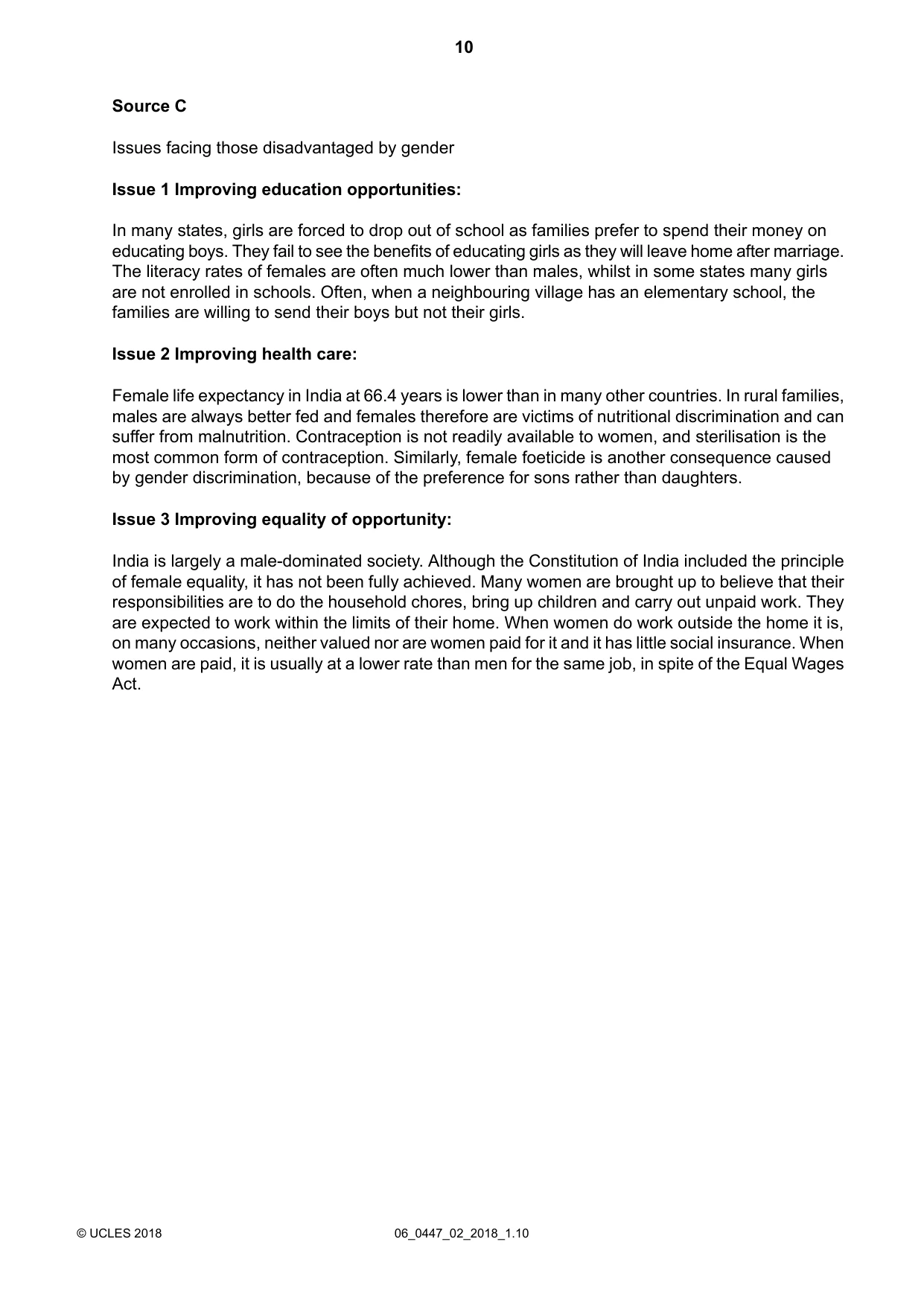 Cambridge IGCSE India Studies 0447 2018 May/June Paper 2 · Variant 0 question paper, page 10 of 16