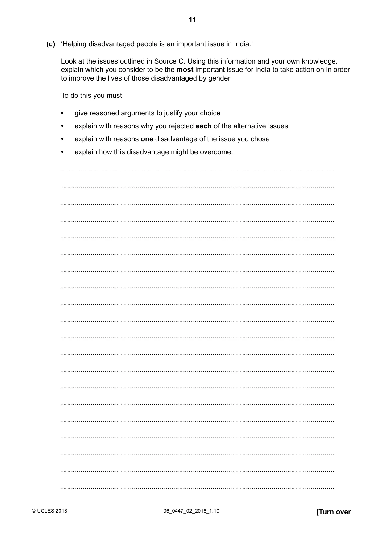 Cambridge IGCSE India Studies 0447 2018 May/June Paper 2 · Variant 0 question paper, page 11 of 16