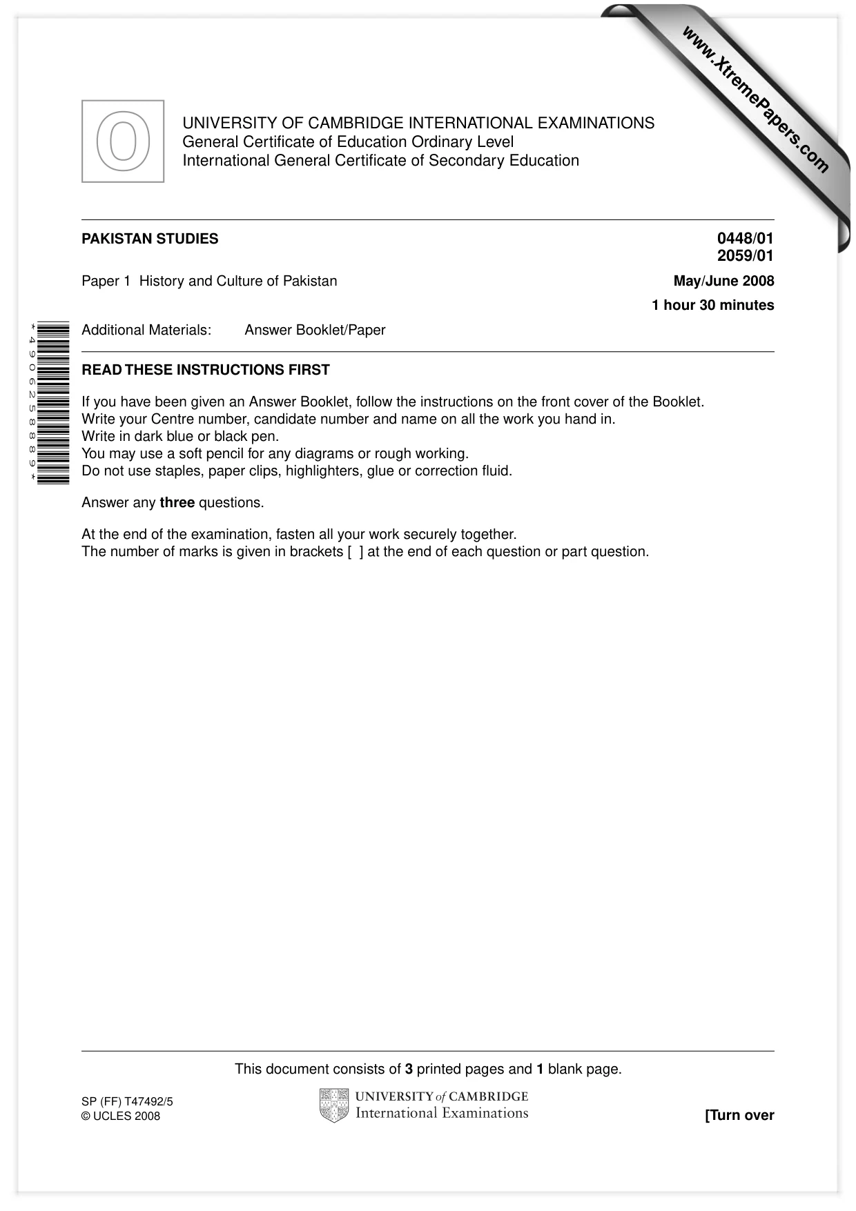 Cambridge IGCSE Pakistan Studies 0448 2008 May/June Paper 1 · Variant 1 question paper, page 1 of 4