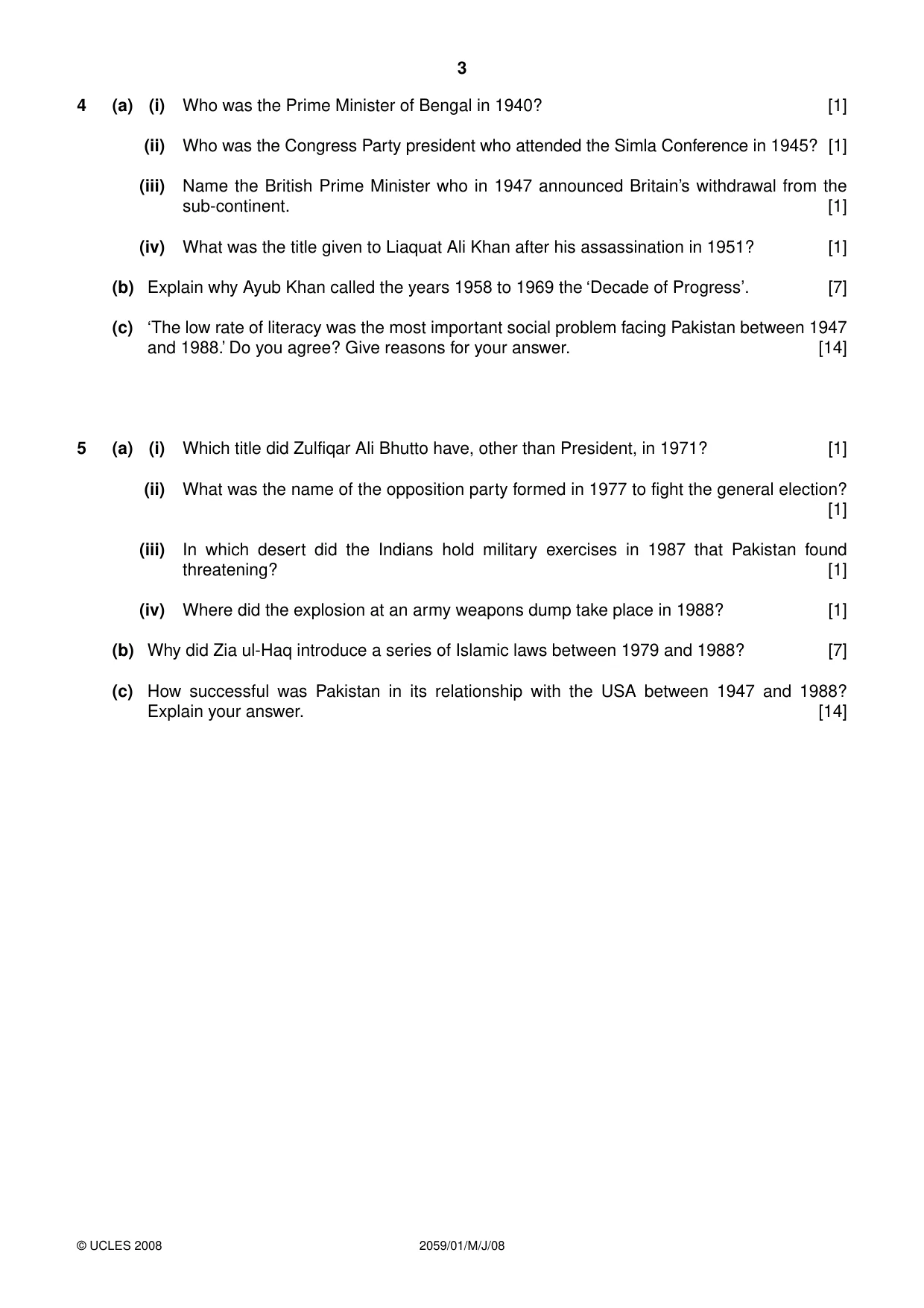 Cambridge IGCSE Pakistan Studies 0448 2008 May/June Paper 1 · Variant 1 question paper, page 3 of 4