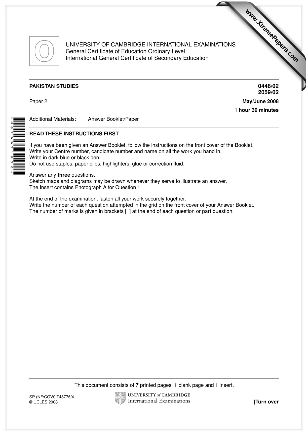 Cambridge IGCSE Pakistan Studies 0448 2008 May/June Paper 2 · Variant 1 question paper, page 1 of 8