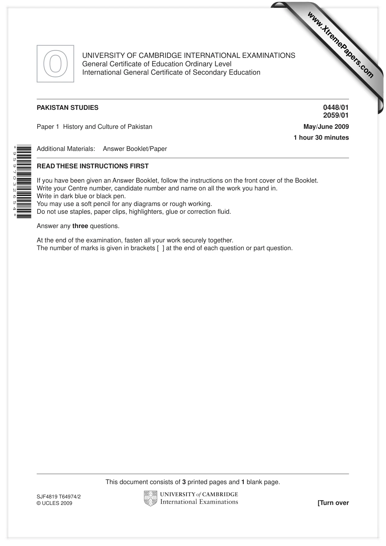 Cambridge IGCSE Pakistan Studies 0448 2009 May/June Paper 1 · Variant 1 question paper, page 1 of 4