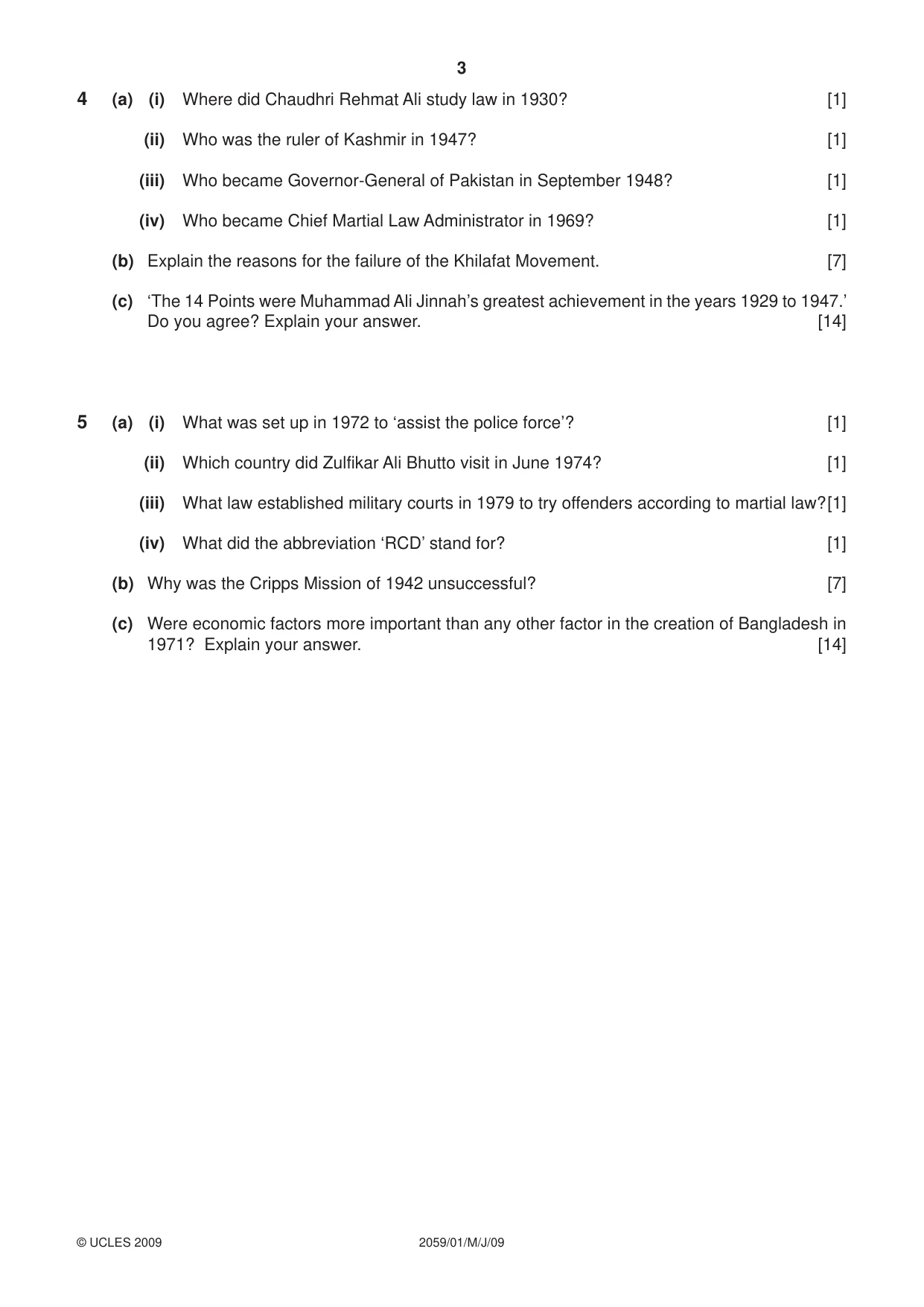 Cambridge IGCSE Pakistan Studies 0448 2009 May/June Paper 1 · Variant 1 question paper, page 3 of 4