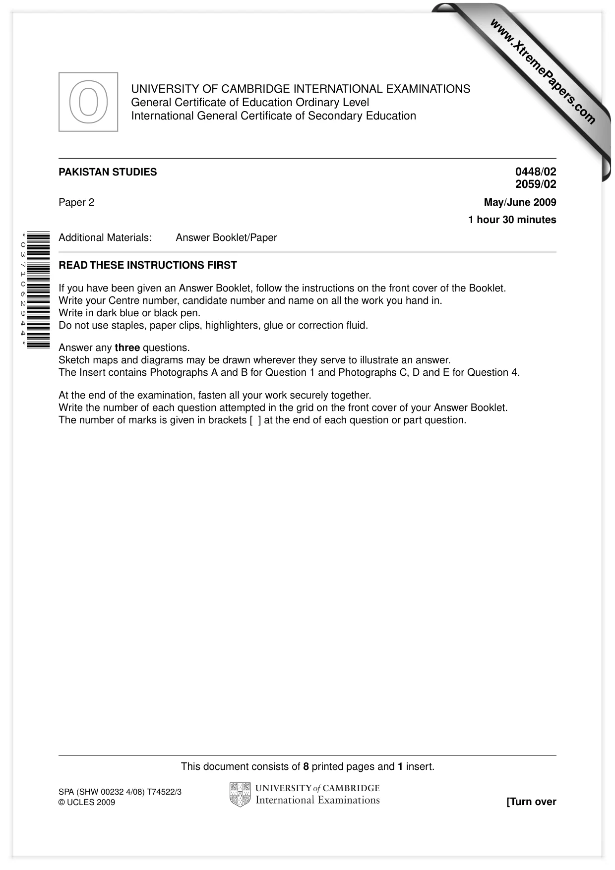 Cambridge IGCSE Pakistan Studies 0448 2009 May/June Paper 2 · Variant 1 question paper, page 1 of 8