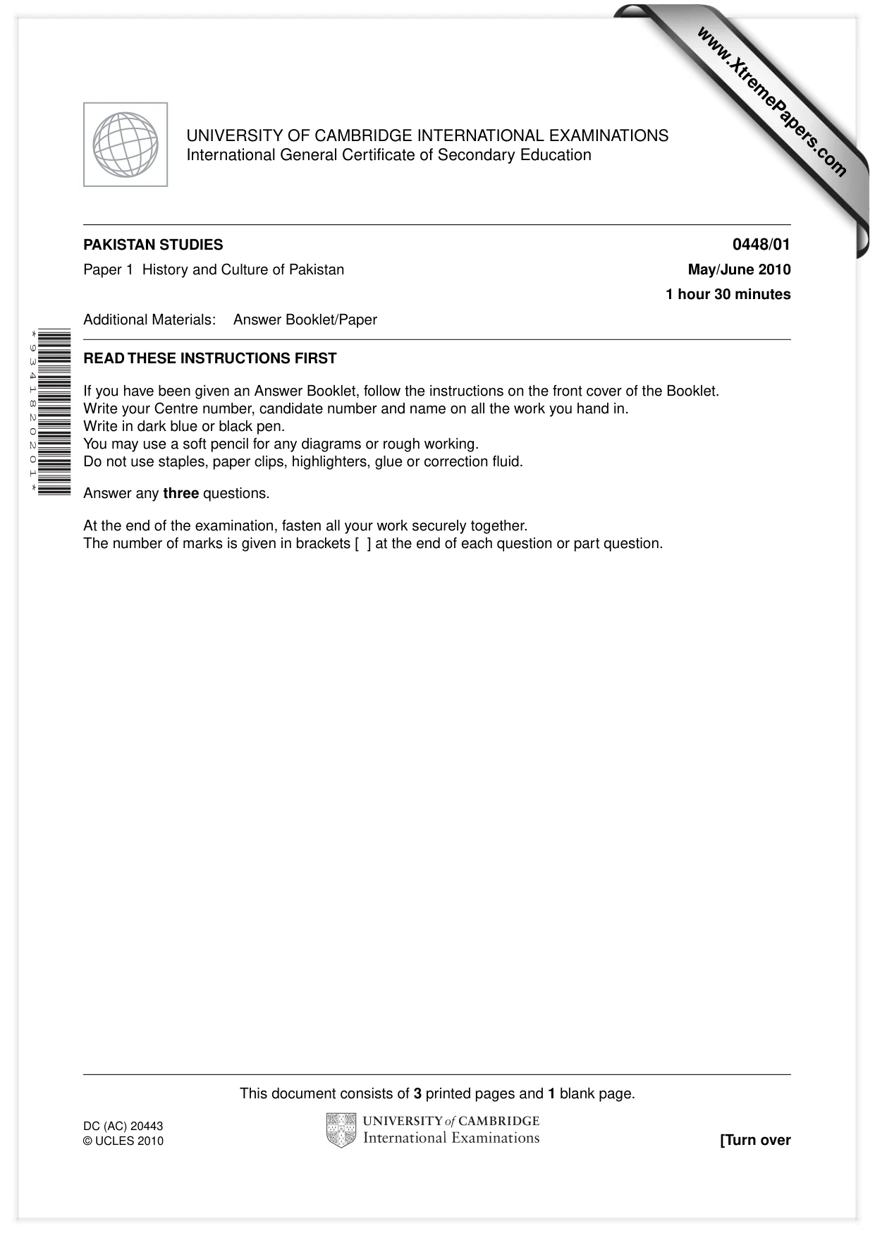Cambridge IGCSE Pakistan Studies 0448 2010 May/June Paper 1 · Variant 1 question paper, page 1 of 4